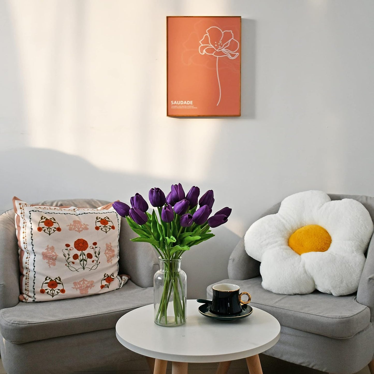 Mandy's Artificial Tulips 20 Stems Dark Purple PU Faux Flowers for Wedding Home Decor 13.5 Inch