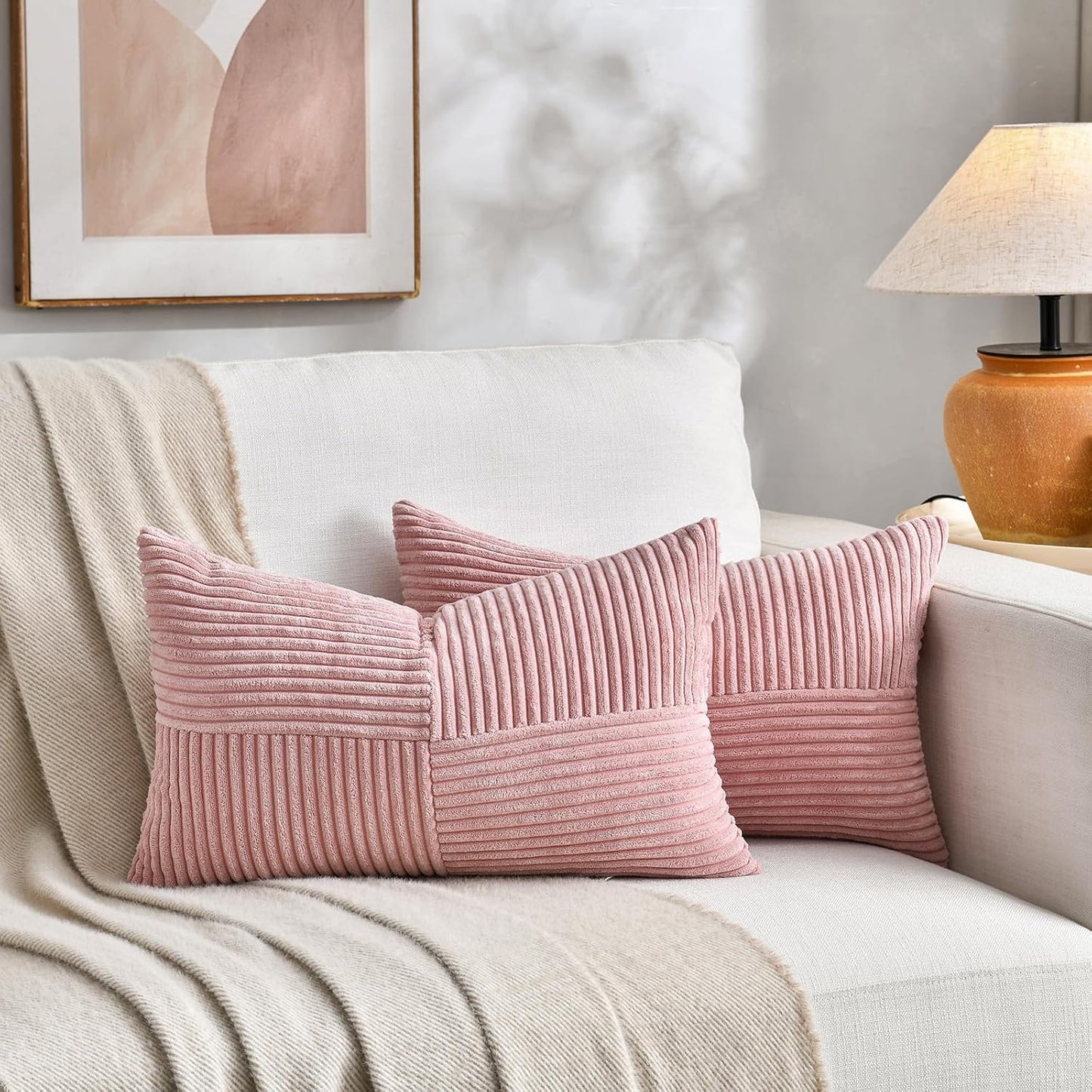 Fancy Homi 2 Packs Blush Pink Long Lumbar Decorative Throw Pillow Covers 16x24 Inch for Couch Bed Sofa, Rustic Farmhouse Boho Home Decor, Soft Striped Corduroy Rectangle Accent Cushion Case 40x60 cm