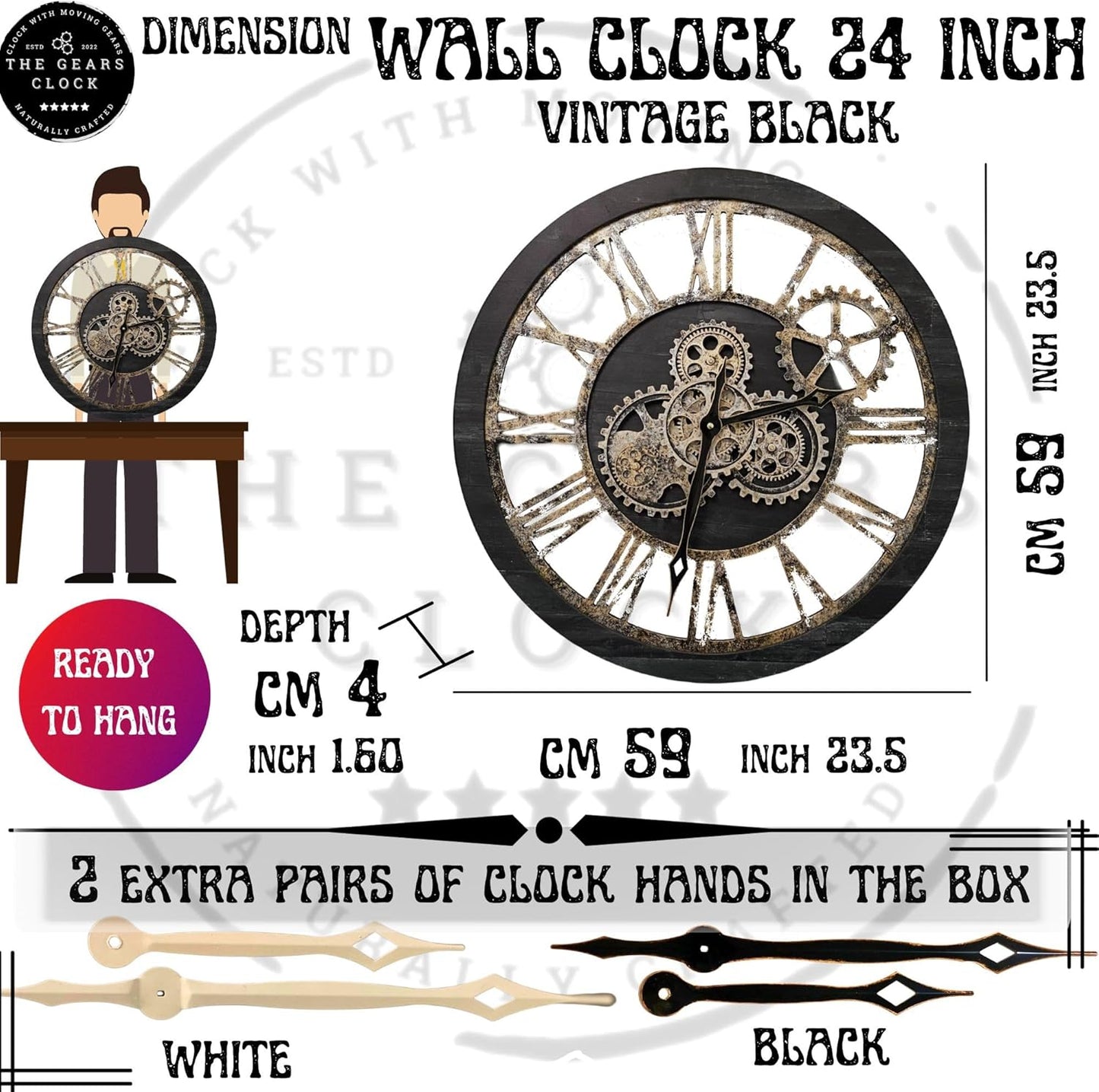 The Gears Clock The Original Real Moving Gear Wall Clock Vintage Industrial Oversized Rustic Farmhouse (24 inch (60cm), Vintage Black Wood and Bronze)