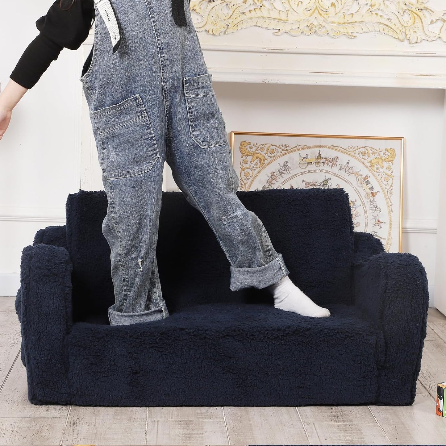 Kids Extra Wide Chairs for Toddler, 2-in-1 Toddler Soft Sherpa Couch Fold Out, Convertible Sofa to Lounger for Girls and Boys, Dark Blue