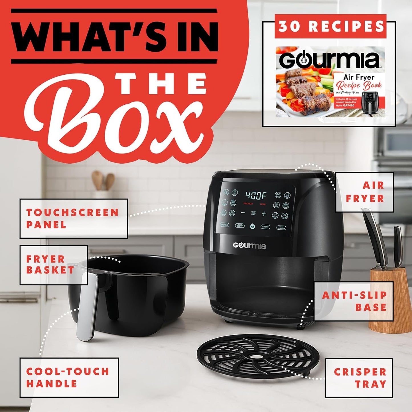 Gourmia Air Fryer 6 QT Digital – Guided Cooking with 12 One‑Touch Presets, FryForce 360 Large XL Basket, Touchscreen, Dishwasher‑Safe Accessories, Healthy No‑Oil Cooking GAF686