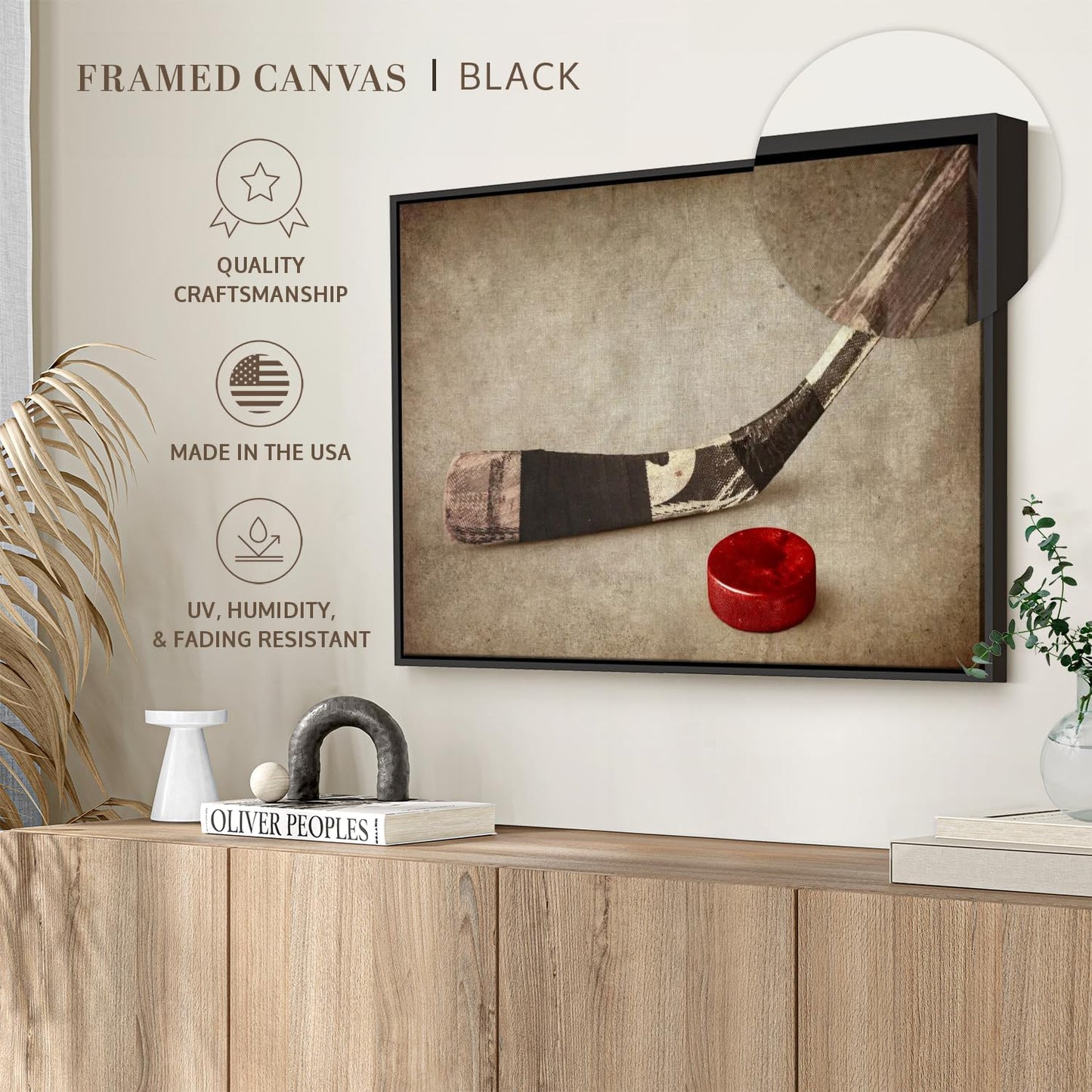 Elephant Stock Vintage Ice Hockey Wall Art - Horizontal Framed Canvas - 1-Piece Hallway Wall Decor - Photography Sports Canvas Print - Brown and Beige Decor for Wall - 13" X 9"