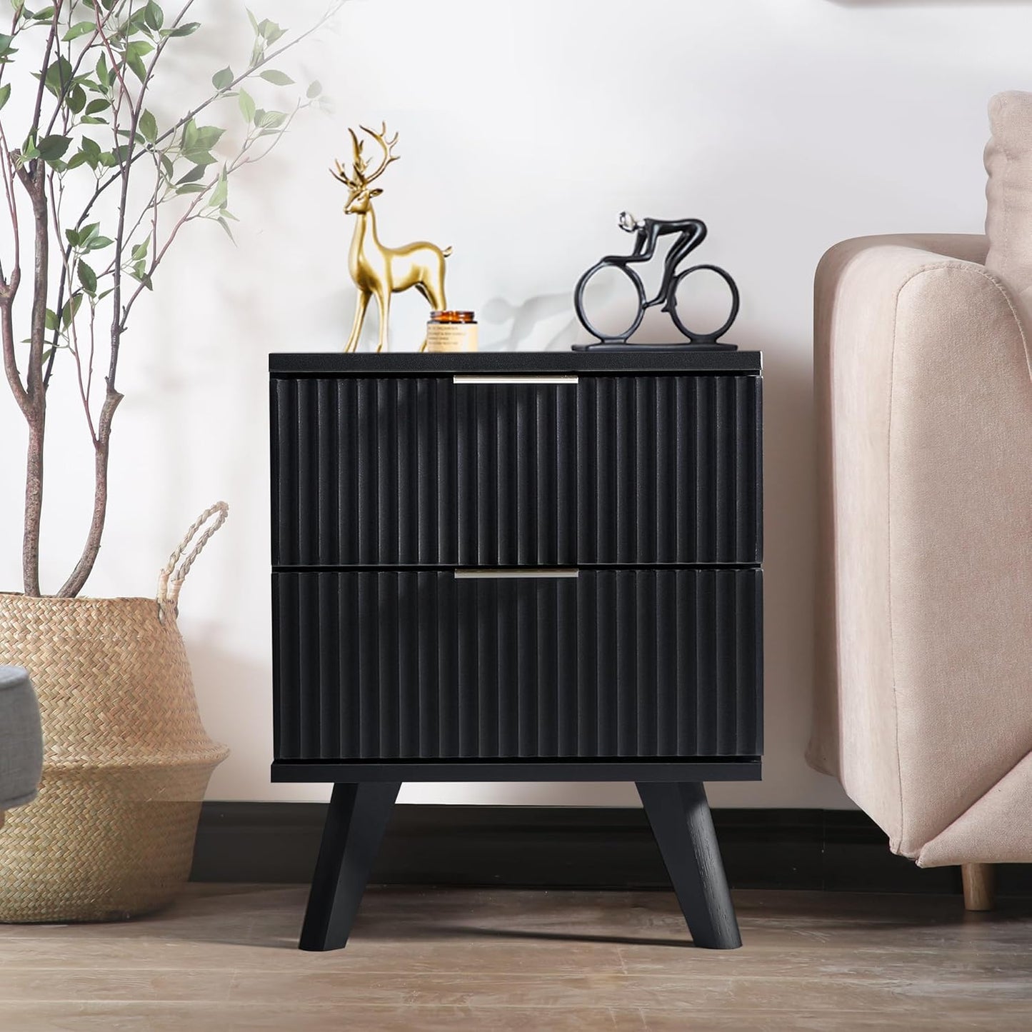 Fluted Nightstand Set of 2, Mid Century Modern 2 Drawer Dresser for Bedroom, Small Dresser Night Stand Side Table End Table with Wood Fluted Drawer Storage for Bedroom Closet(Black)