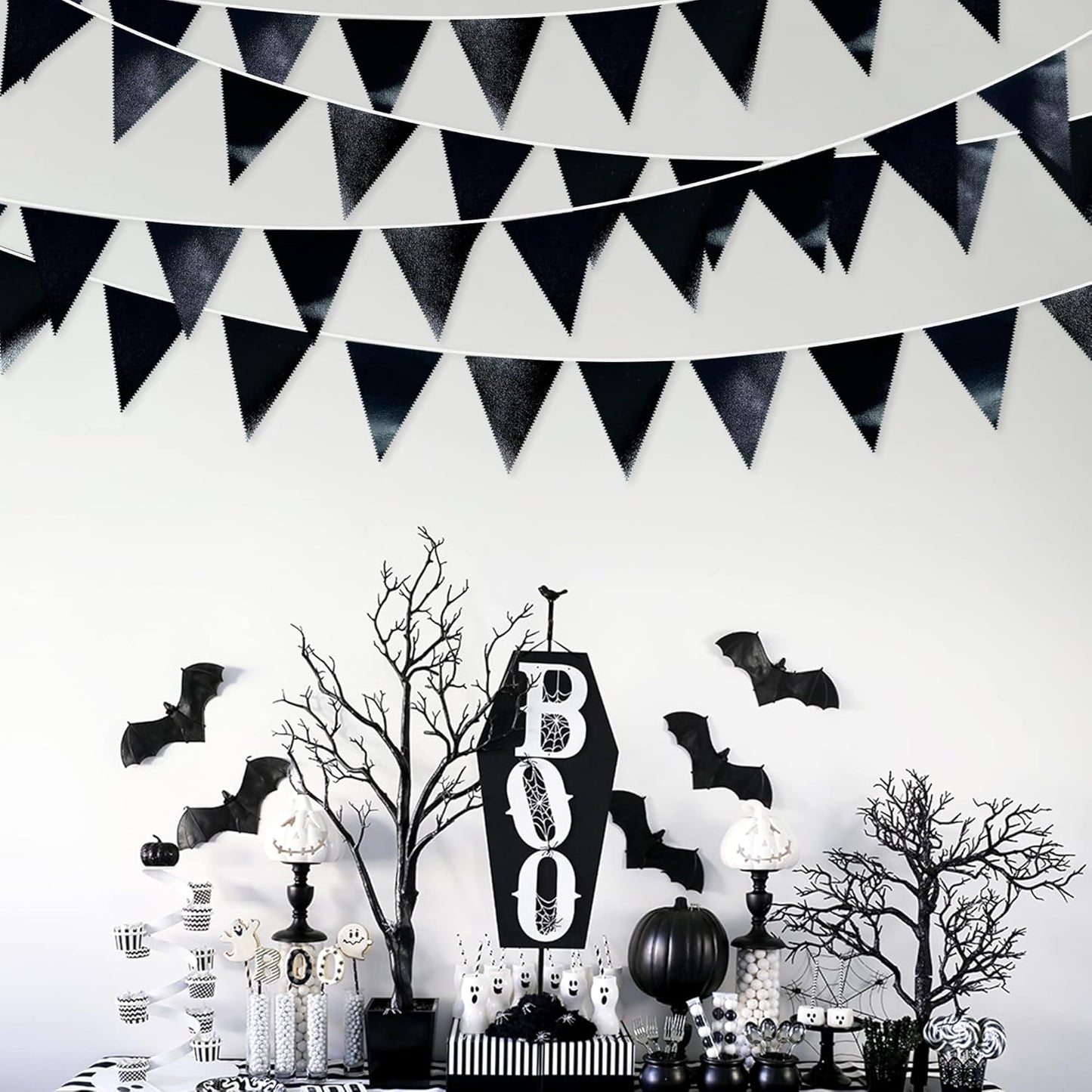 Black Party Decorations Triangle Pennant Banner Flag Black Metallic Fabric Bunting Garland for Graduation Birthday Wedding Engagement Bachelorette Holiday Halloween Celebration Hen Party Supplies