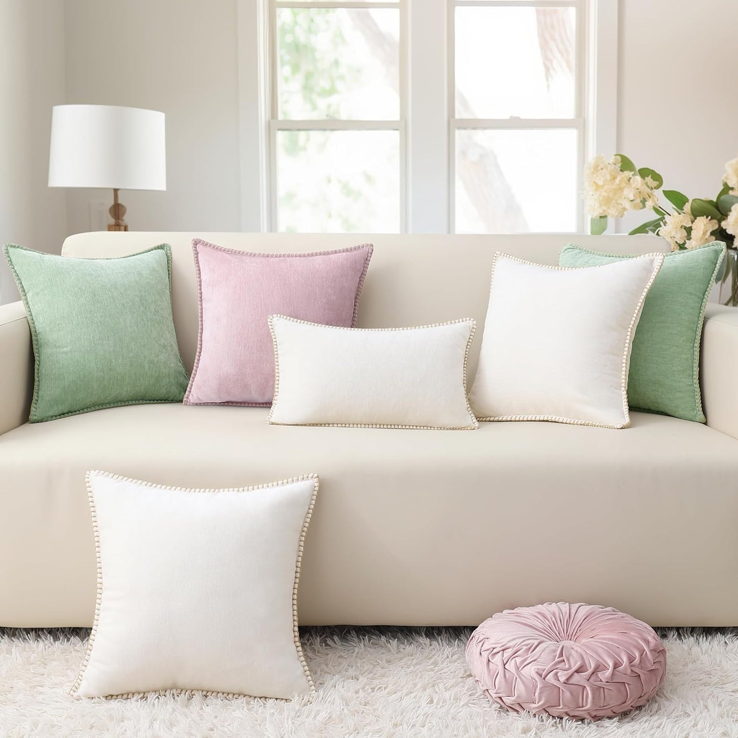 decorUhome Chenille Soft Throw Pillow Covers 24x24 Set of 2, Farmhouse Velvet Neutral Decorative Euro Pillow Covers with Stitched Edge for Couch Sofa Bed Home Decor, Sage Green