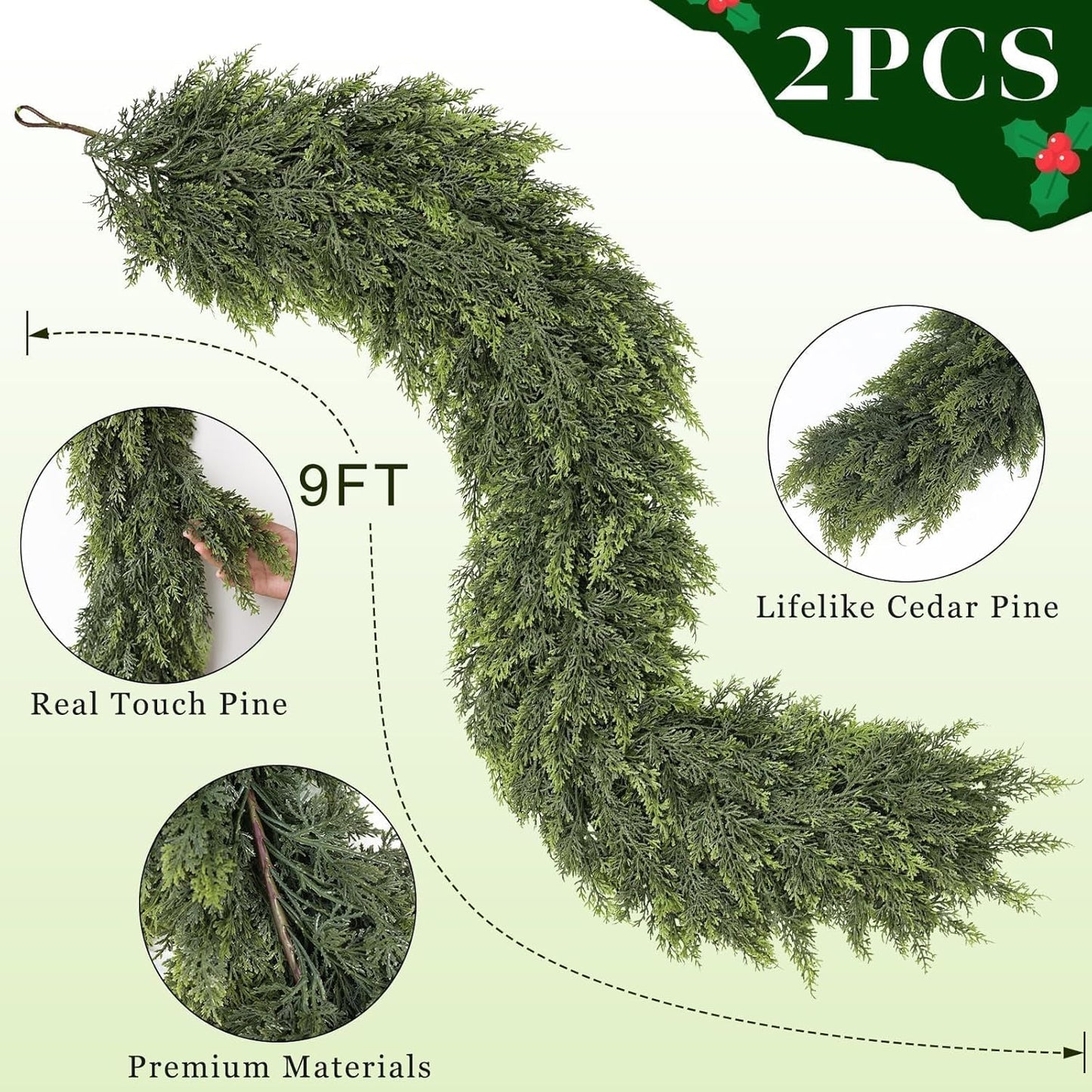 Real Touch Christmas Cedar Garland -9ft Artificial Garlands Faux Cedar Fake Pine Needles Garland for Fireplace,Table,Window,Stairs,Mante,Holiday Indoor Outdoor Xmas Decor(2PCS)