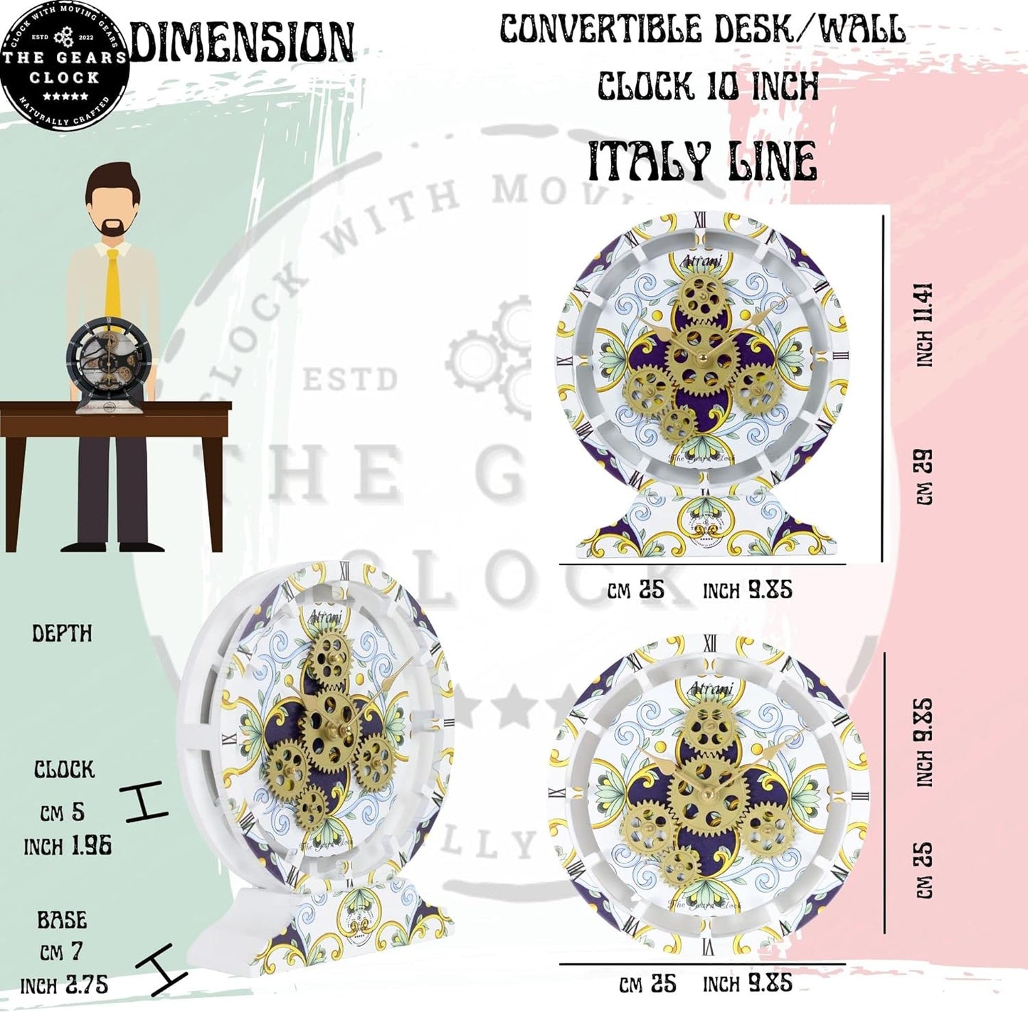 The Gears Clock Wall Clock Italy Collection with Moving Gears (Ravello, 10 inch Round)