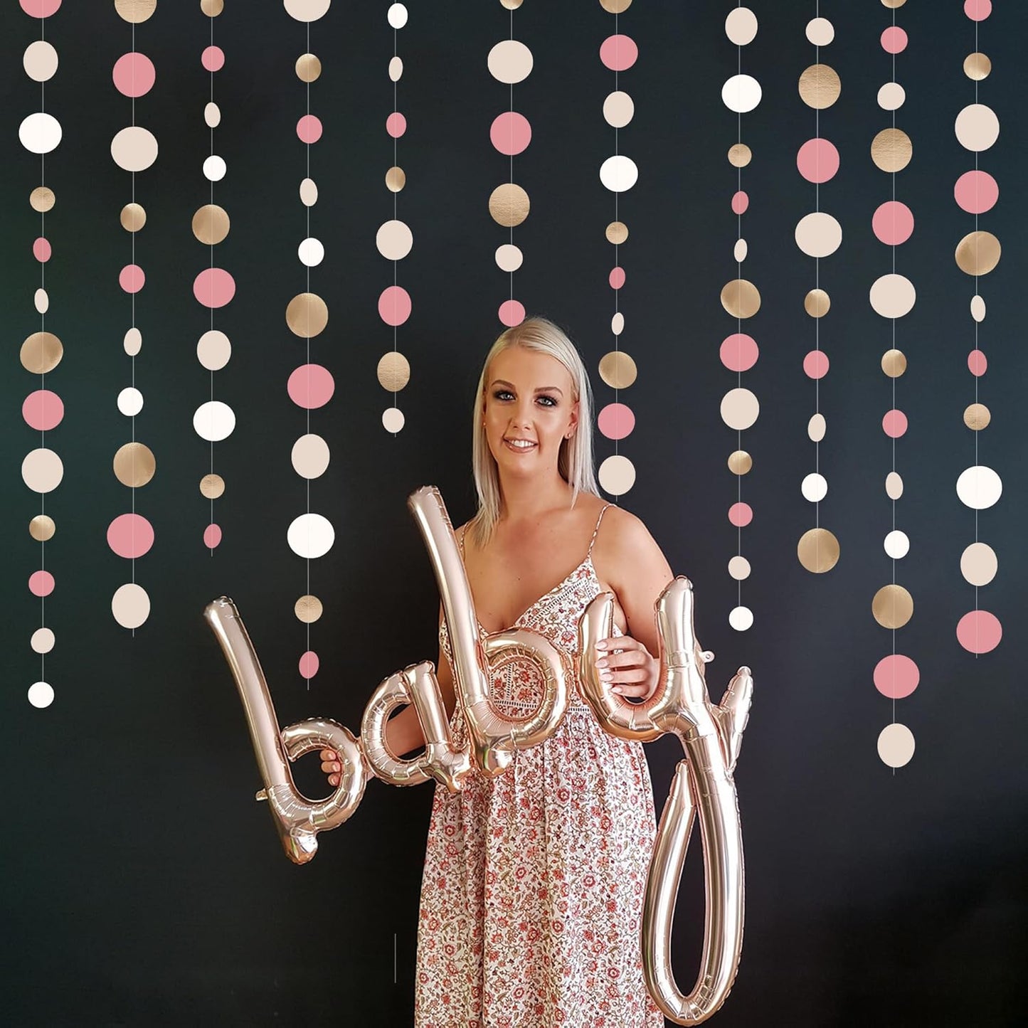 Champagne Gold Dusty Pink Decorations Circle Dots Garland Gold Pink Nude Neutral Cream White Boho Hanging Polka Dot Streamer for Bridal Shower Birthday Wedding Engagement Baby Shower Party Supplies