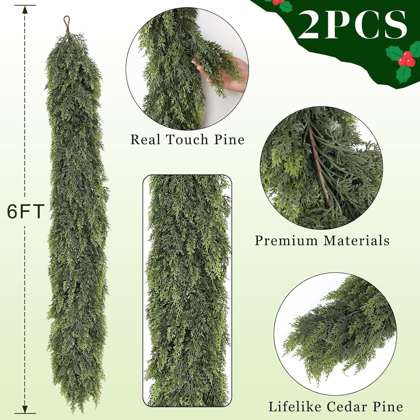 Real Touch Christmas Cedar Garland -6ft Artificial Garlands Faux Cedar Fake Pine Needles Garland for Fireplace,Table,Window,Stairs,Mante,Holiday Indoor Outdoor Xmas Decor(2PCS)