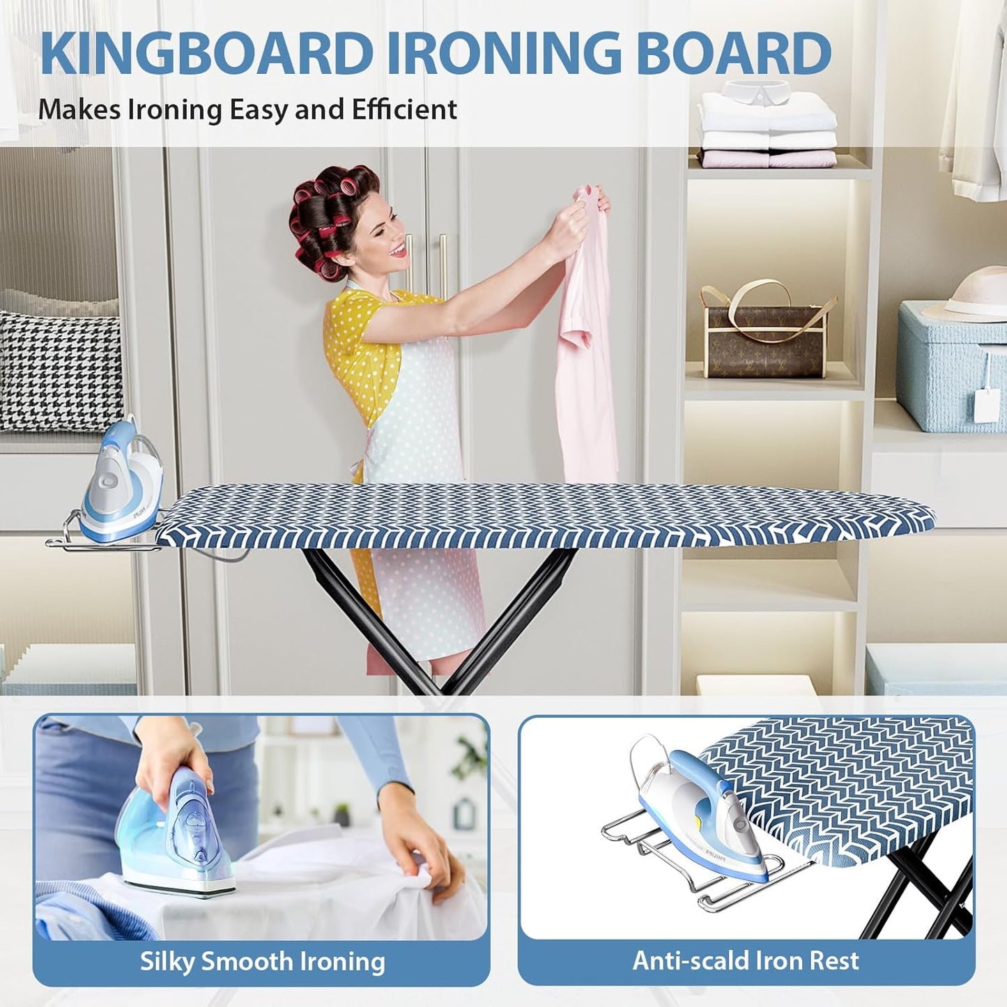 KINGBOARD Ironing Board, Foldable Iron Board with Iron Rest, Compact Ironing Board with Height Adjustable, Extra Thick Heat-Resistant Cover, Heavy-Duty Sturdy Metal Legs, 43x13 Blue