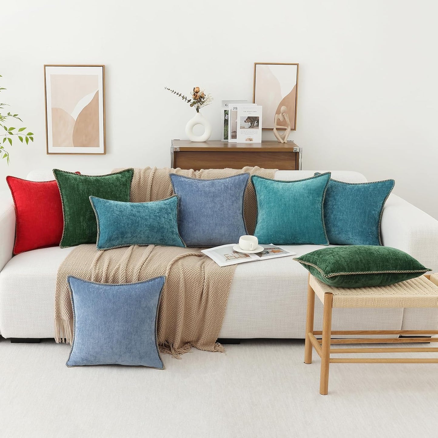 decorUhome Chenille Soft Throw Pillow Covers 26x26 Set of 2, Farmhouse Velvet Neutral Decorative Euro Pillow Covers with Stitched Edge for Couch Sofa Bed Home Decor, Teal