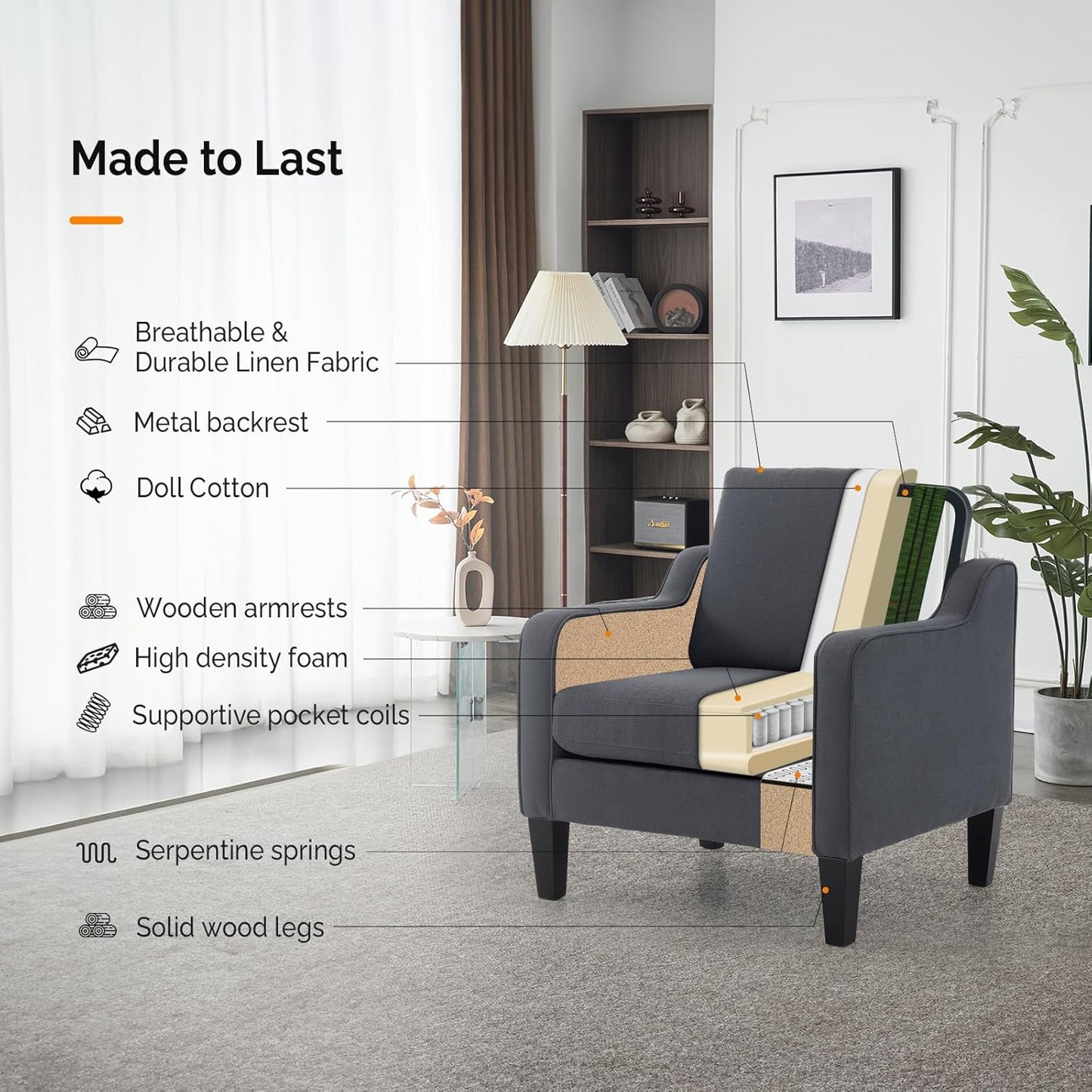 VINGLI Accent Chairs for Living Room Chairs Mid Century Modern Chair Sofa Chair Upholstered Arm Chair with Scooped Arms for Bedroom, Apartment, Office, Studio, Waiting Room, Play Room