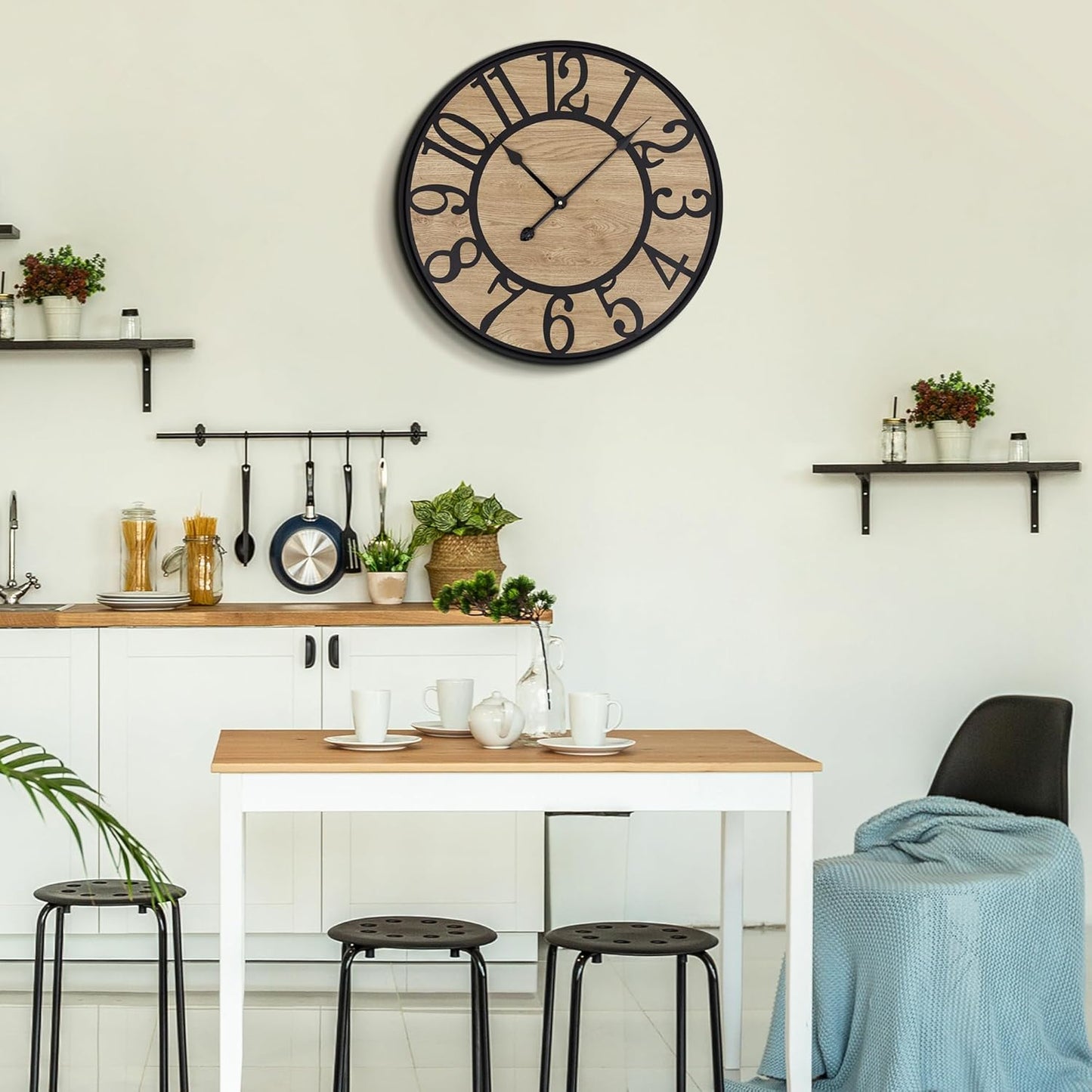 Large Wall Clock for Living Room Decor - Non-Ticking, Battery Operated Modern Vintage Wood Clock for Bedroom, Kitchen, Farmhouse, Office - Oversized Decorative Silent Clock