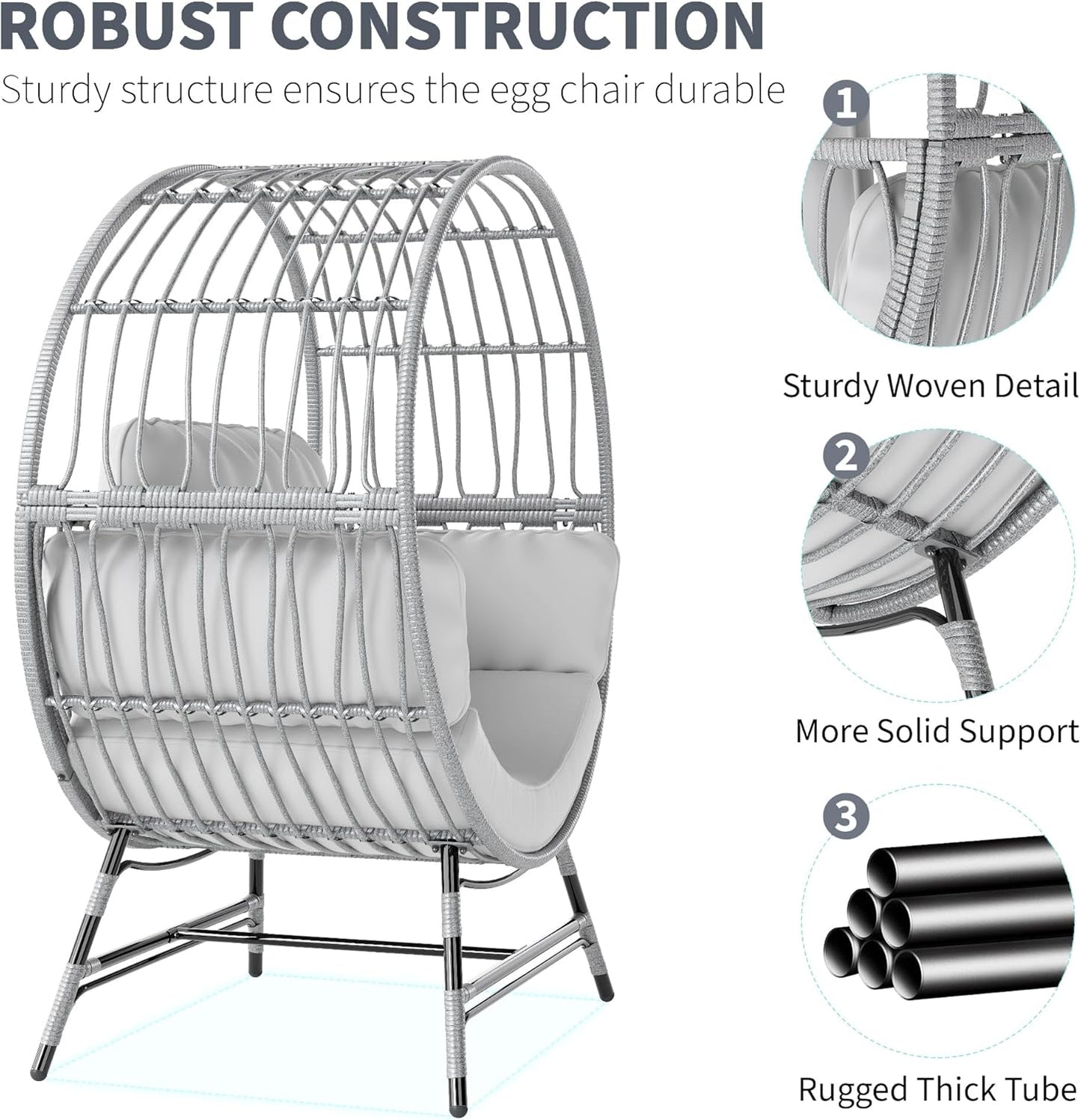 Egg Chair Outdoor Indoor, Oversized Rattan Chair with Thicken Cushion, 350LBS Capacity Wicker Patio Lounge Chair, Basket Chair for Living Room Balcony Porch Backyard, Grey/Light Grey