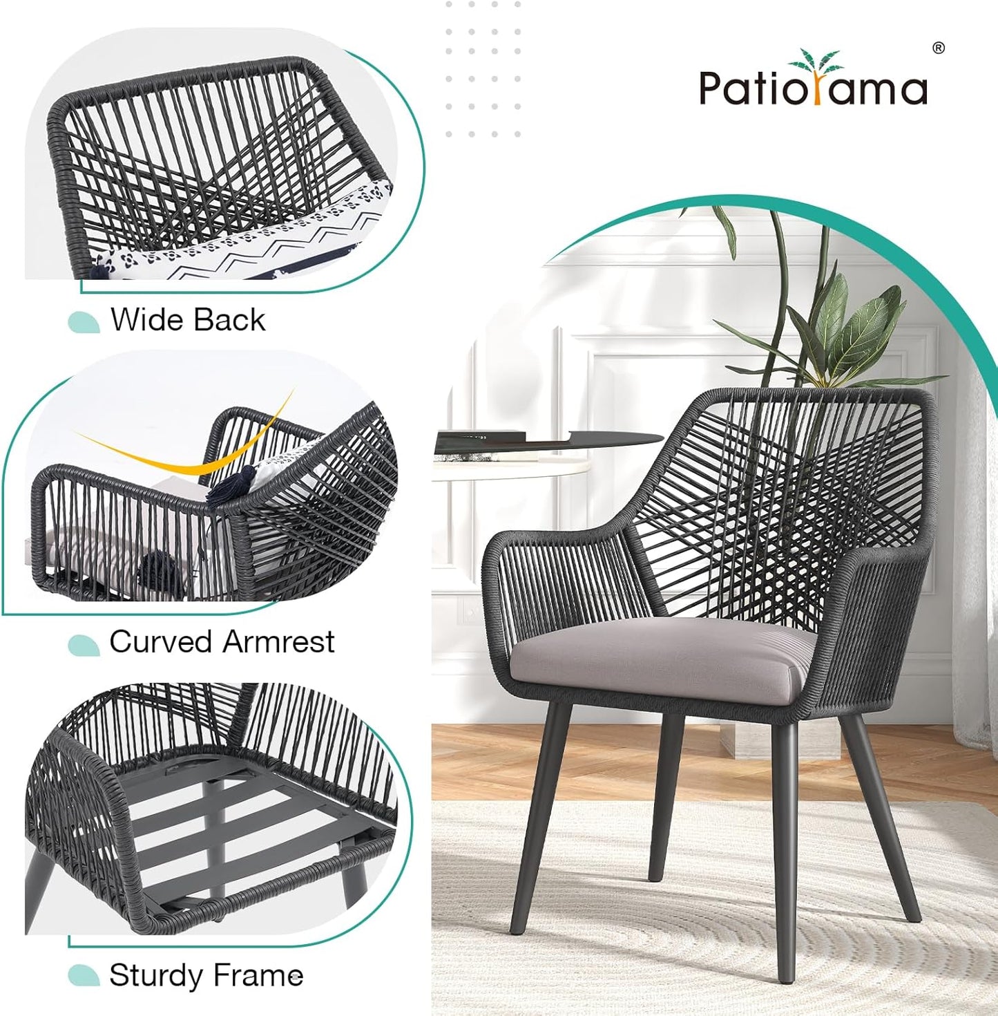 Patiorama Patio Dining Chair Set of 4, Woven Rope Outdoor Dining Chairs w/Steel Frame, All-Weather Twisted Rattan Chairs w/Armrest & Cushion, Outdoor Dining Wicker Chairs for Backyard Garden(Black)