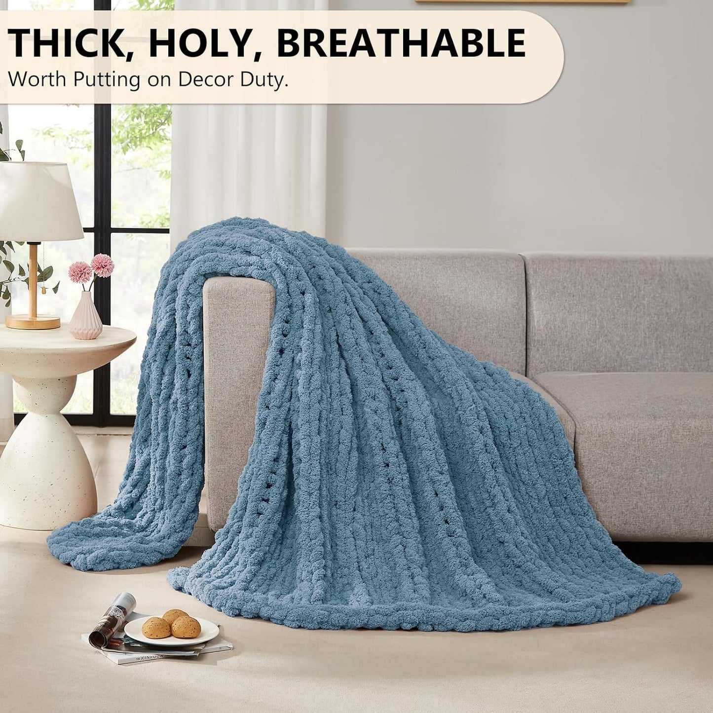 L'AGRATY Chunky Knit Blanket Throw: 72''x84'' Chenille Chunky Knitted Throw Blankets for Bed Couch - Handmade Thick Big Cable Knit Blanket - Large Crochet Rope Blankets for Home Decor(Airy Blue)
