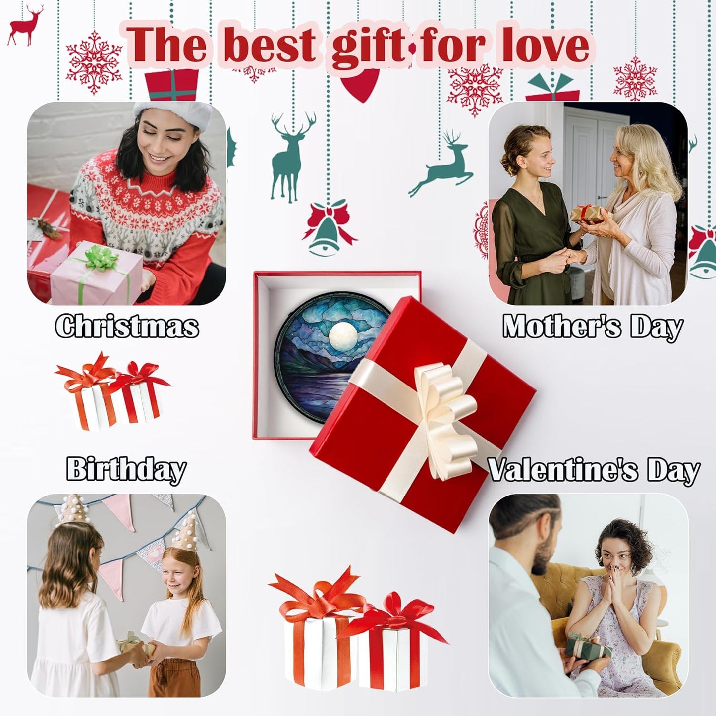 Stained Glass Window Hanging, Blue Night Moon Lake Sun Catchers Colorful Glass Panel Landscape Suncatcher Decor for Birthday for Women, Men, Wife, Aunt, and Mom 11.8x11.8 in