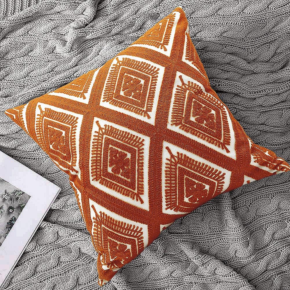 Alysheer Embroidered Decorative Throw Pillow Covers 18x18 inches Set of 2 Pieces, Boho Geometric Modern Chic Classic Pattern Cotton Cushion Cases for Sofa Couch Bed Living Room(Burnt Orange)