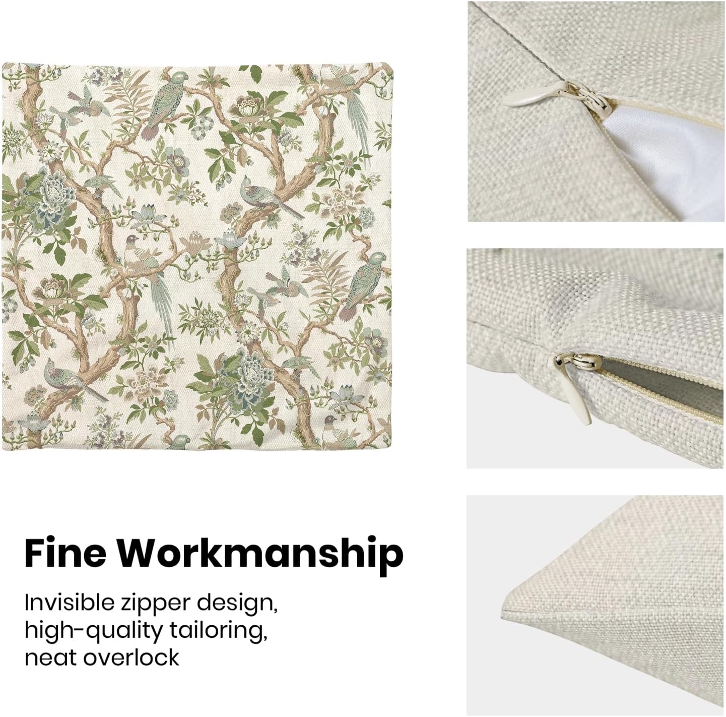 CXMEIFLY Chinoiserie Spring Pillow Covers 18 x 18 Inch Set of 2 for Sage Green Blue Vintage Flowers Bird Decor Throw Pillows Plant Farmhouse Outdoor Decorative Cushion Cases for Couch Bed Decorations