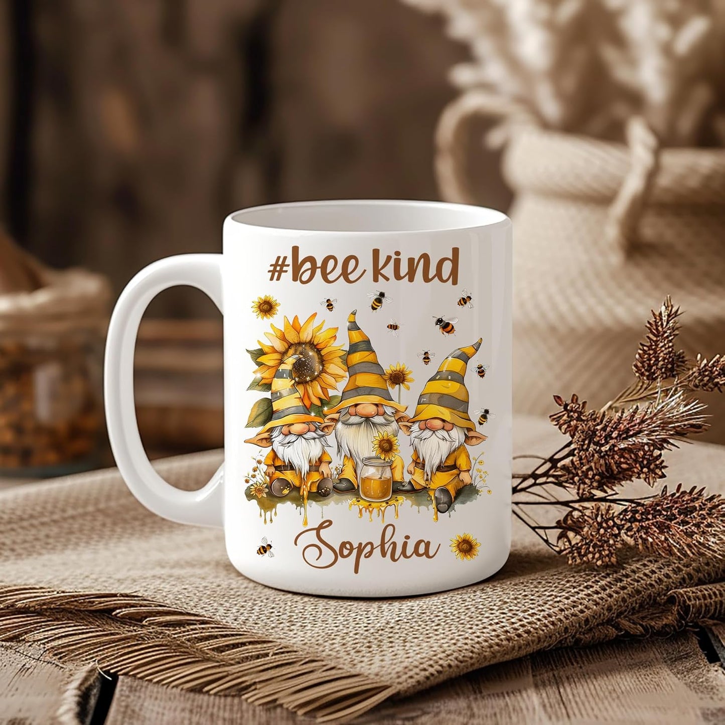Hyturtle Personalized Bee Gnomes Mug - Bee Keeper Gifts For Women - Honeybee Gifts For Gnomes Lover - Animals Present For Lover - Teacher Appreciation Present - Custom Coffee Cup Ceramic Mug 11 15 Oz