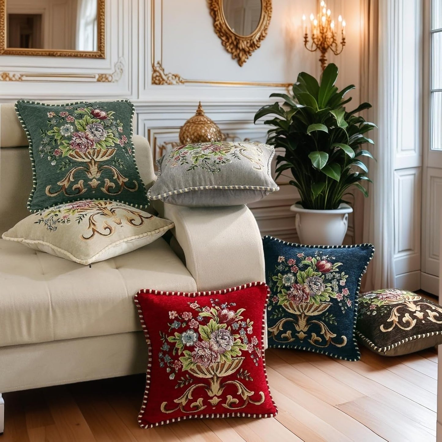 Set of 2 Beige Vintage Throw Pillows Covers 18x18in,Floral Embroidered Cushion Cover for Sofa Bedroom,Euro Sham Covers Retro Home Decor Pillows Covers