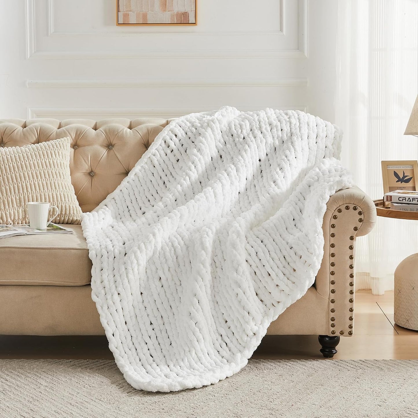 Carriediosa Chunky Knit Throw Blanket 50" X 60", 100% Hand Made Large Chenille Loop Yarn Soft Fluffy Throws for Couch Sofa Bed, Big Crochet Cozy Heavy Thick Cable Woven Blankets, Snow White