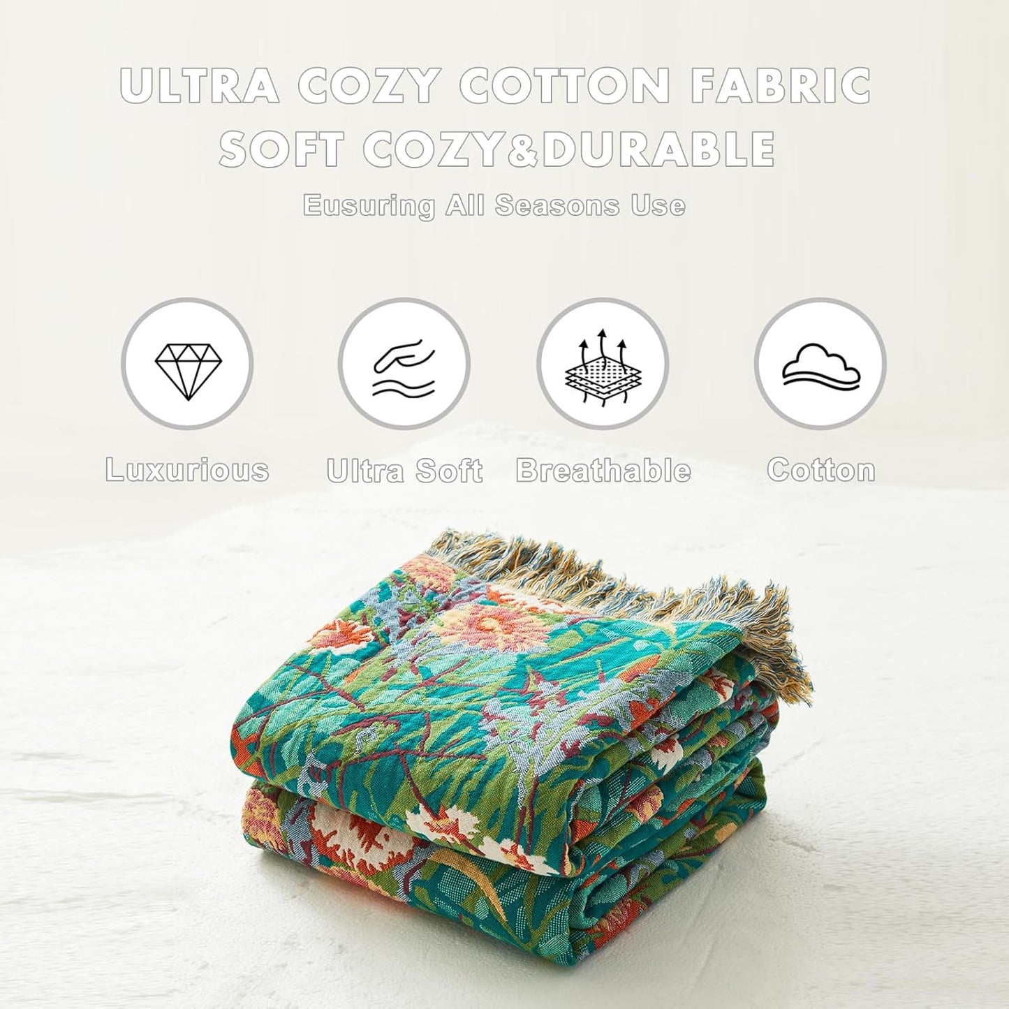 MSGKV Boho Throw Blanket for Couch Bed Chair 100% Cotton Muslin Breathable Floral Blanket 50"x60" Sofa Blankets for All Seasons Lightweight Farmhouse Blankets Boho Home Decor