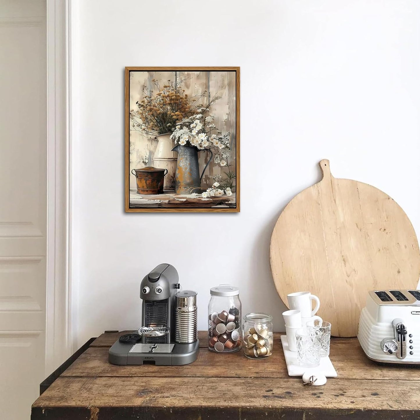 Floating Framed Farmhouse Vintage Canvas Wall Art, Country Floral Daisy Pictures Wall Decor, Wood Grain Art Paintings Poster for Living Room Bedroom Bathroom Rustic Decor 8x10 inch