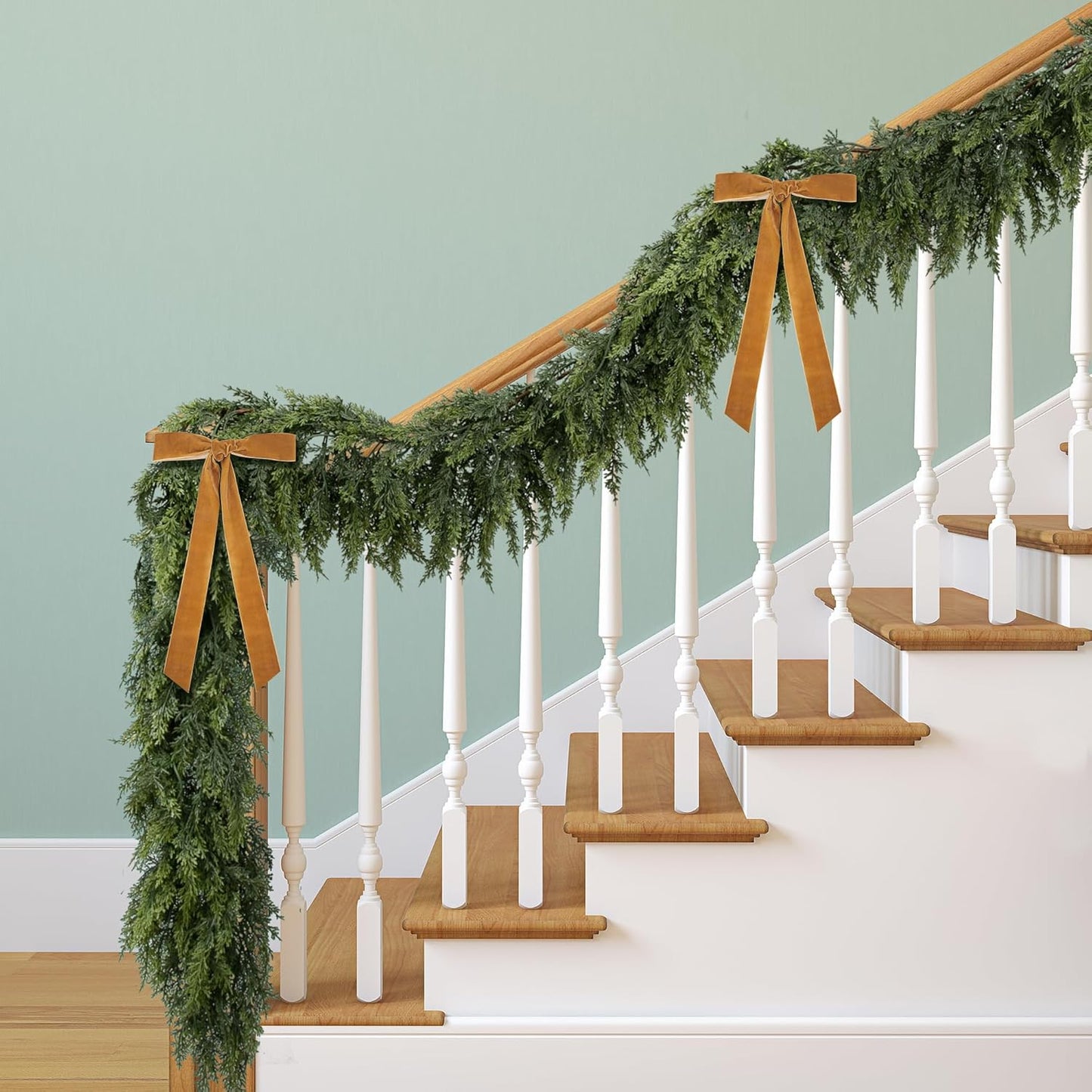 2 Pcs Christmas Norfolk Pine Garlands, 6 Ft Double Color Real Touch Artificial Cedar Garland, Faux Pine Cypress Greenery Garland Ornaments for Mantle Fireplace Table Indoor Outdoor Xmas Decoration