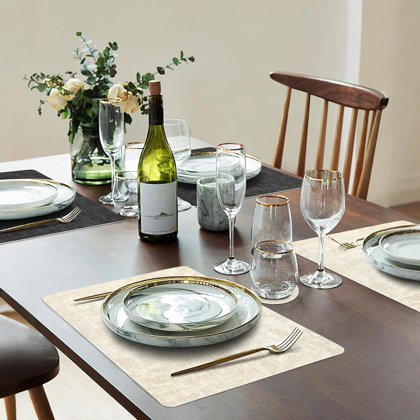 Faux Leather Dual Sided Placemats Set of 4, Square Non-Slip Heat Resistant Placemats with Coaster, Reversible wipeable Waterproof Table Mats for Kitchen, Dining, Outdoor (4, Black Beige)