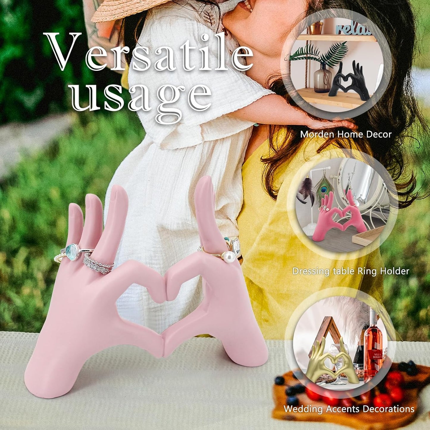 Accessoryway Pink Heart Hands Sculpture Decor - Valentines Day Decorations for Living Room, Bedroom, Office & Shelf Decor,Unique Heart Hands Ring Holder Display for Girls & Wedding Decorations