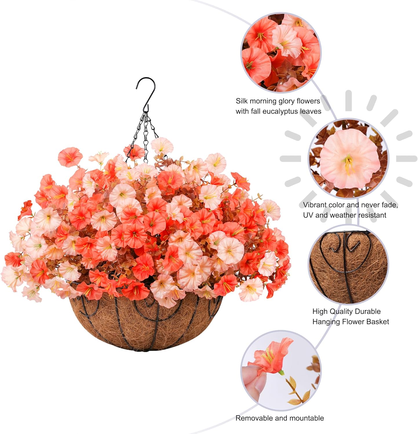 Artificial Fall Flowers Fake Hanging Plants Flowers Basket for Outdoors Autumn Decoration, Silk Morning Glory with Eucalyptus Look Real UV Resistant Faux Flowers for Outside Porch Patio Balcony, Mix