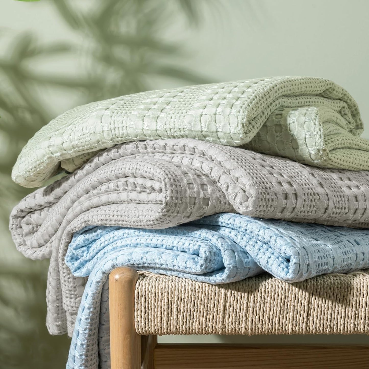 PHF Cooling Waffle Blanket Queen Size, Lightweight 60% Rayon Derived from Bamboo & 40% Cotton Breathable Blanket for Hot Sleepers, Soft and Luxury for Bed Couch and Sofa, 90"x90", Mint