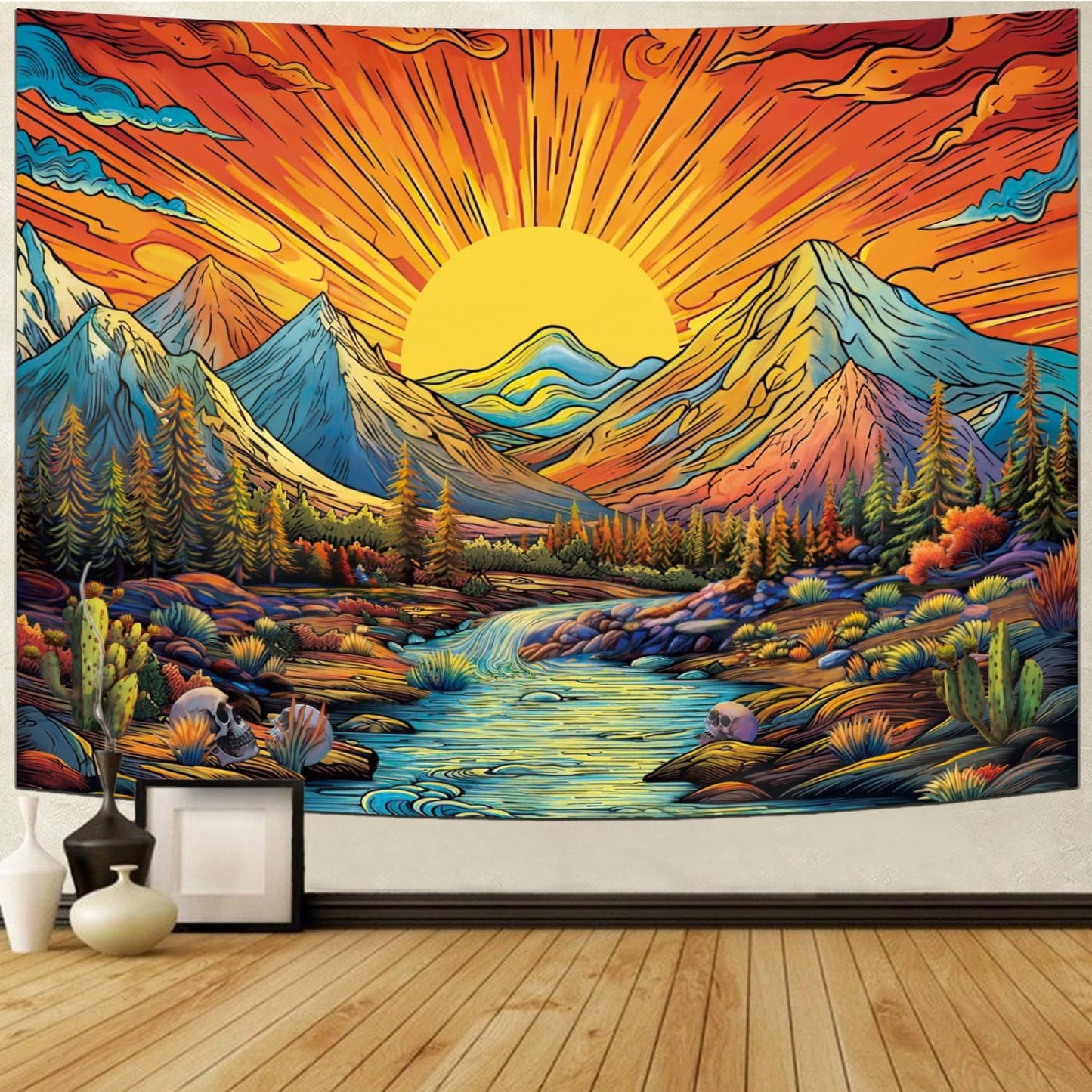 Serborlur Boho Sun Mountain Tapestry Trippy Forest Tree Tapestry Vintage Aesthetic Magic River Tapestries Nature Landscape Wall Hanging for Bedroom Home Decor (70.8" x 92.5")