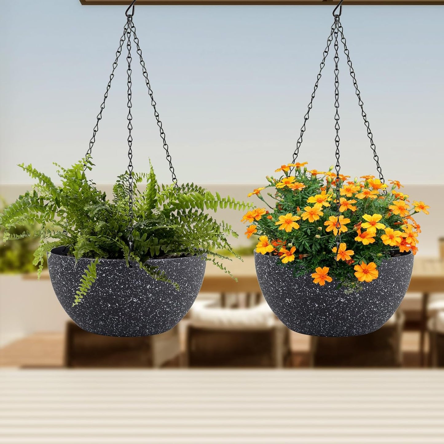10 inch Hanging Planters for Indoor Outdoor Plants, 2 Pack Hanging Flower Plant Pots with Drainage Holes and Chain for Garden Porch, Plastic Hanging Baskets for House Plants, Speckled Black