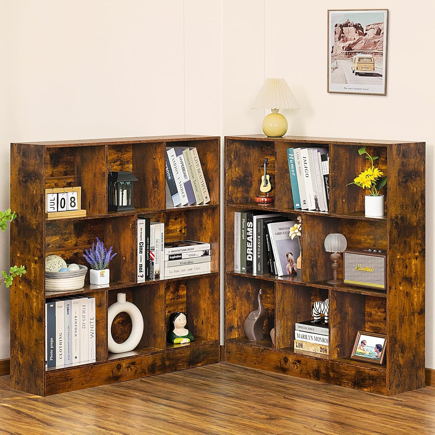 LEYAOYAO 8 Cube Bookshelf with Wood Base, Brown 3 Tier Mid-Century Modern Bookcase,Standing Wide Bookshelves Storage Organizer Shelf,Rustic Display Cabinet Book Shelves for Bedroom,Living Room,Office