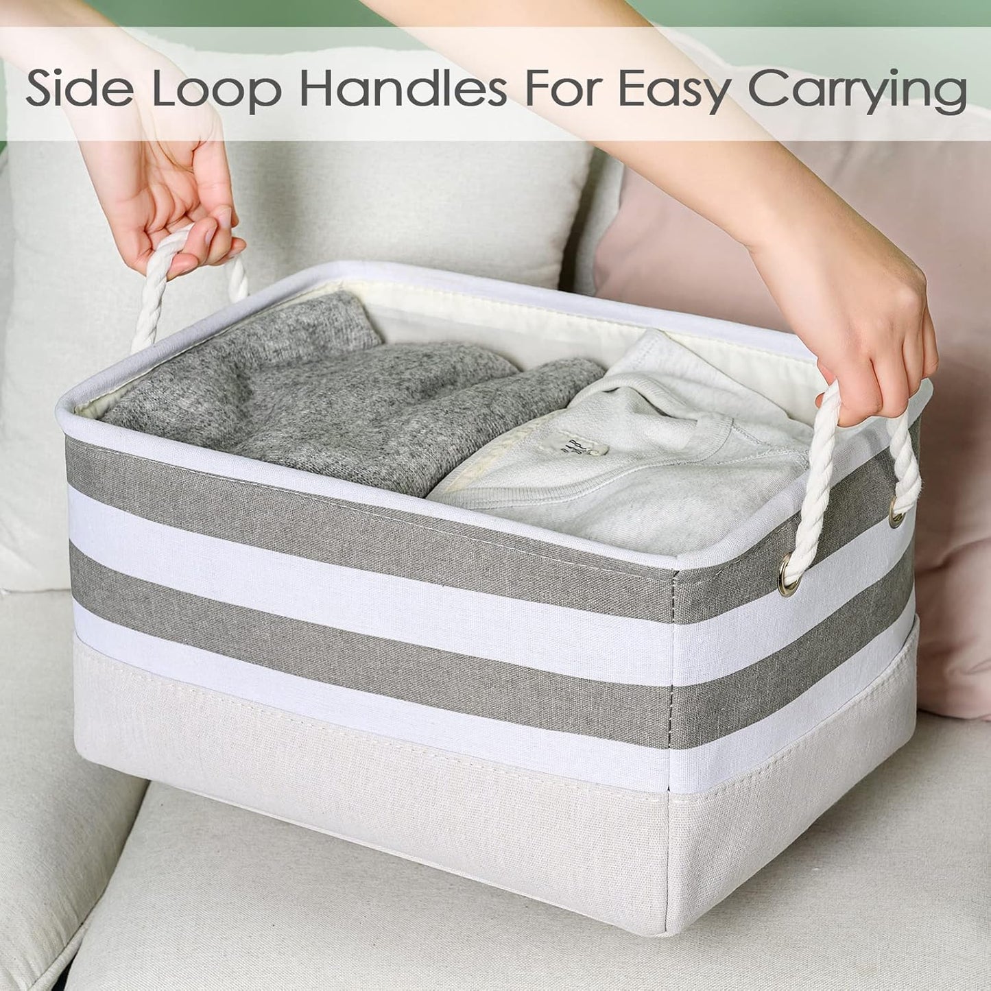 TheWarmHome Storage Basket Fabric Basket with Handles Dog Toy Basket Cloth Storage Bin Shelf Basket Decorative Storage Basket Shoe Basket Gift Basket(Grey&White Stripes-1 Pack,15.7L×11.8W×8.3H)