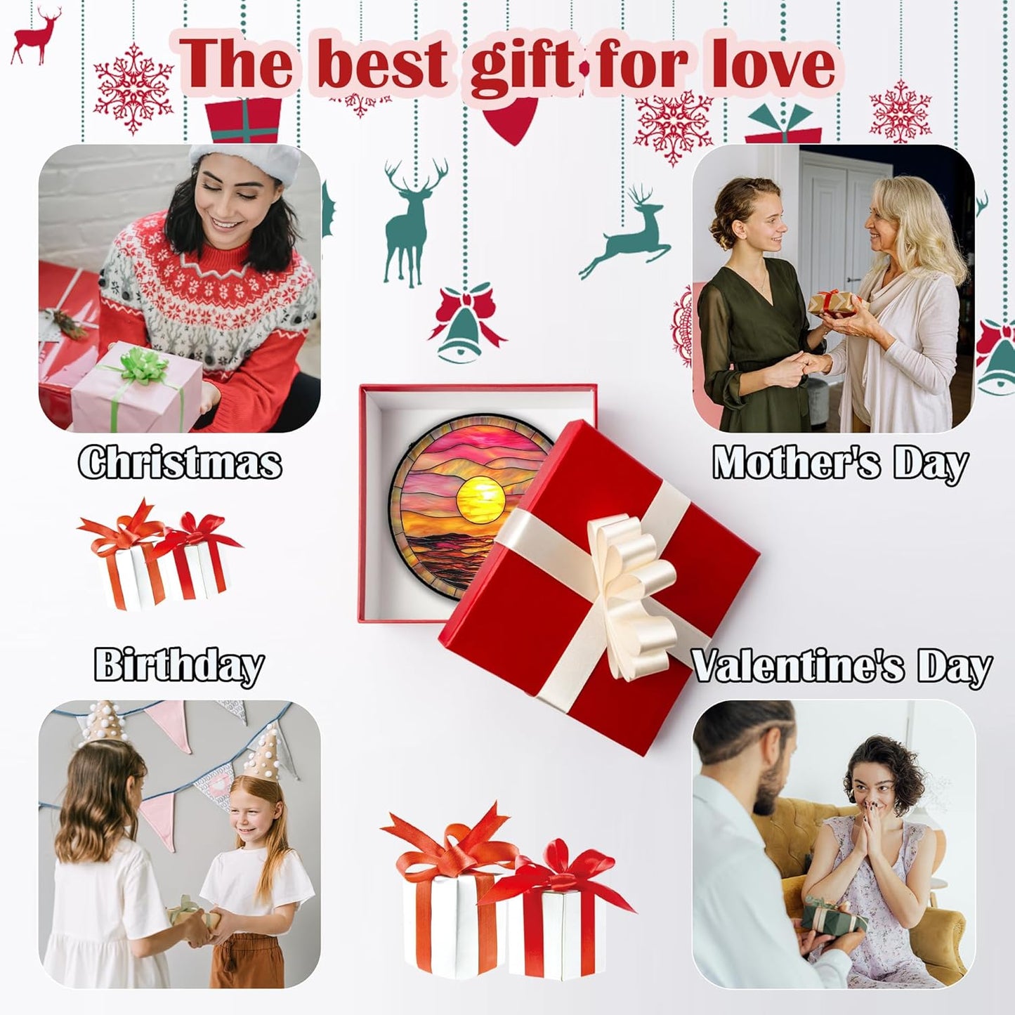 Stained Glass Window Hanging, Sunrise Sea Surface Sun Catchers Diamond Glass Panel Hangings Abstract Suncatcher Decor for Birthday for Women, Men, Wife, Aunt, and Mom 9.8 in