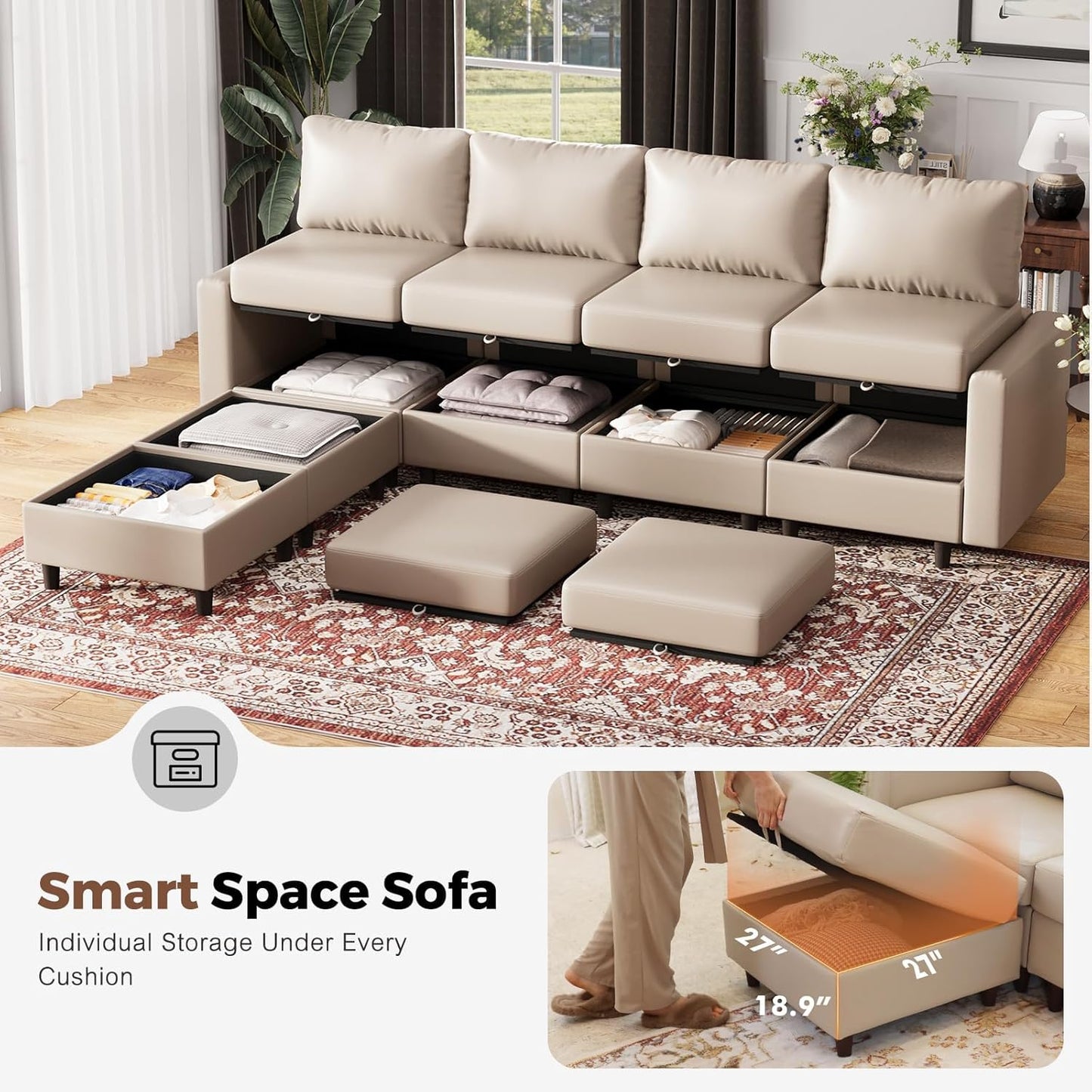 118.5" Faux Leather Modular Sectional Sofa with Storage Seat, Oversized 4 Seater Couch Deep Seat with Removable Cover Whitesand