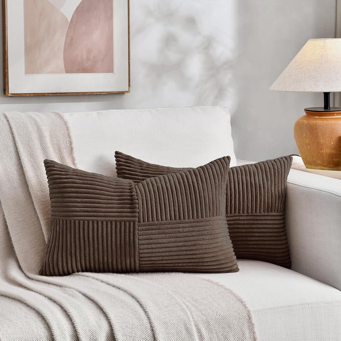 Fancy Homi 2 Packs Dark Brown Long Lumbar Decorative Throw Pillow Covers 12x24 Inch for Couch Bed Sofa, Rustic Farmhouse Boho Home Decor, Soft Striped Corduroy Rectangle Accent Cushion Case 30x60 cm