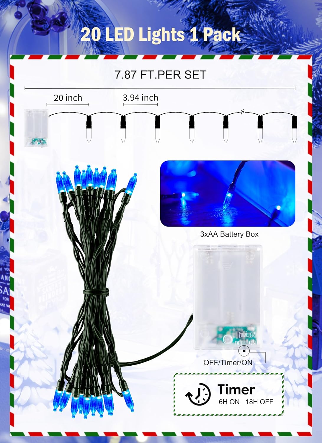 Battery Operated Christmas String Lights, 8ft 20 LED Mini Lights with Timer, Christmas Tree Lights for Indoor Outdoor Bedroom Wedding Party Holiday Xmas Decoration,Blue