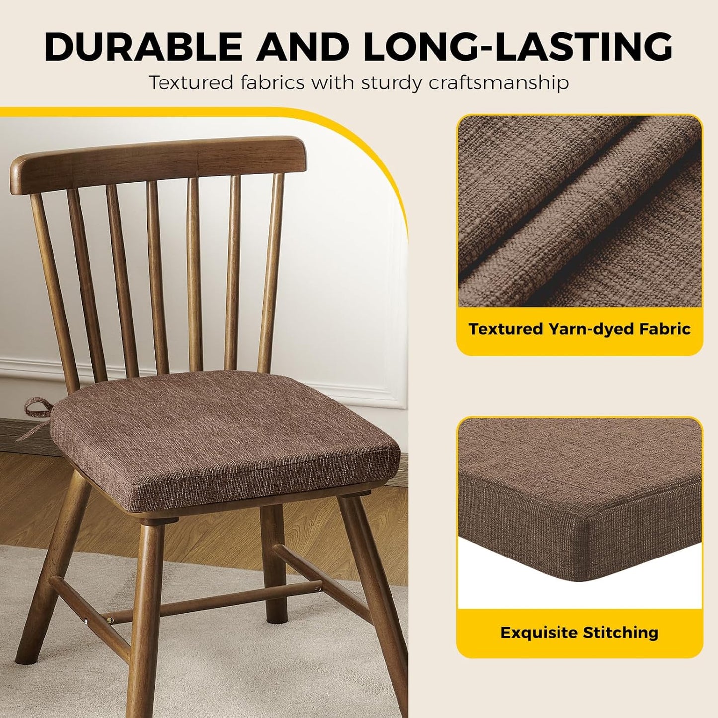 downluxe Indoor Chair Cushions for Dining Chairs, Soft and Comfortable Textured Foam Kitchen Chair Pads with Ties and Non-Slip Backing, 16" x 16" x 2", Brown, 4 Pack