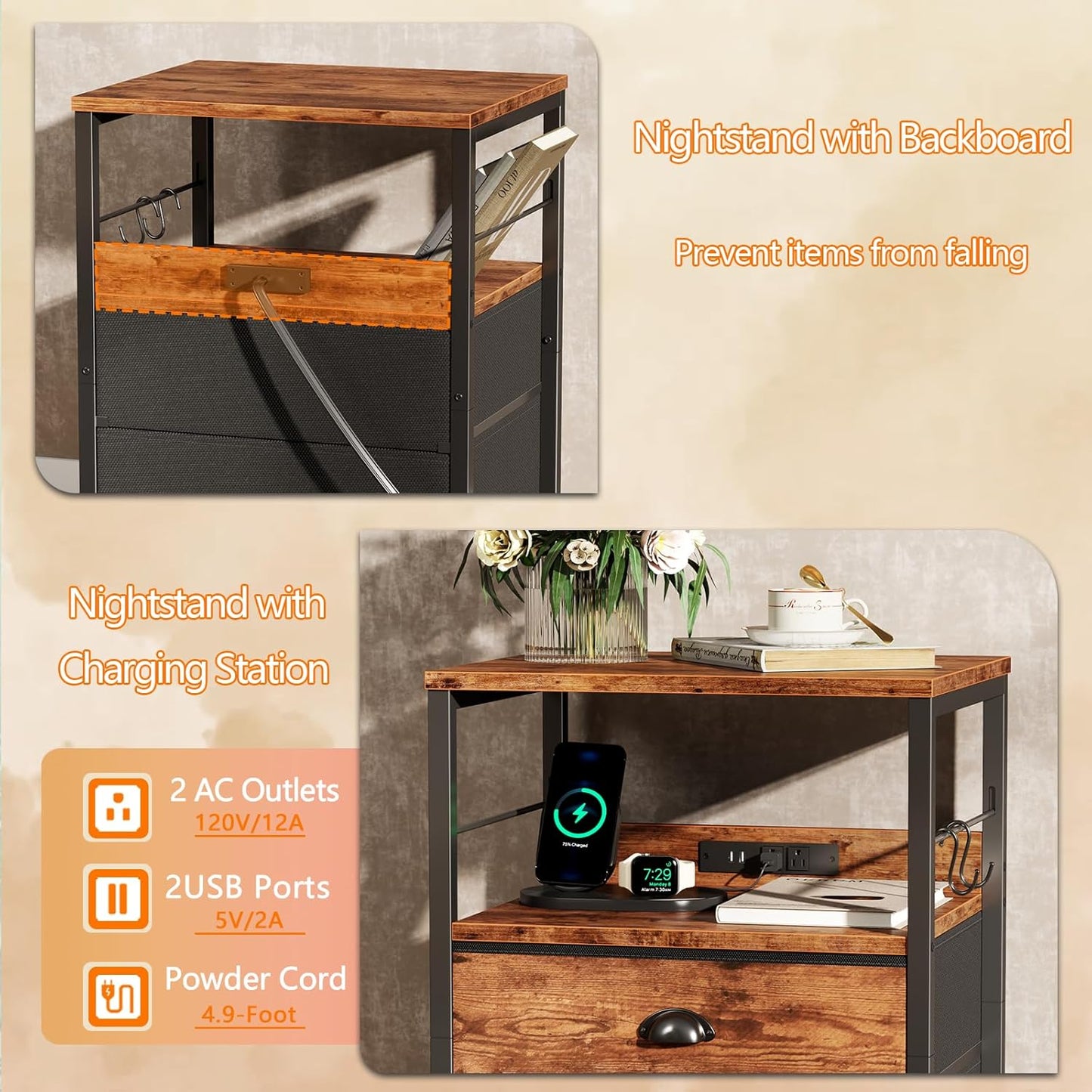 Furologee Night Stand with Charging Station, Bedside Table with Fabric Drawers, End Table with USB Ports & Outlets, Rustic Nightstand with Storage Shelf & Hooks, for Living Room/Bedroom, Rustic Brown