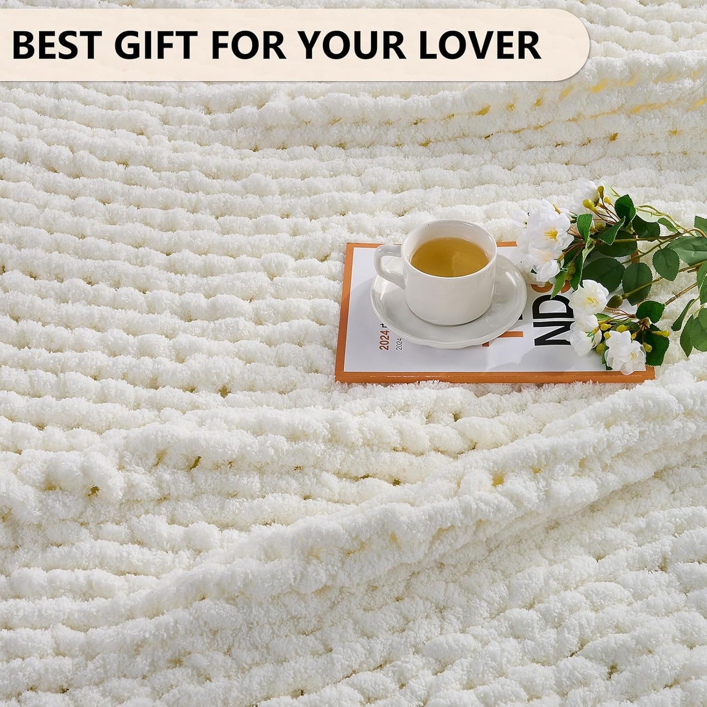 L'AGRATY Chunky Knit Blanket Throw: 72''x84'' Chenille Chunky Knitted Throw Blanket for Bed Couch - Handmade Thick Big Cable Knit Blanket - Large Chunky Crochet Blanket for Home Decor(Cream White)