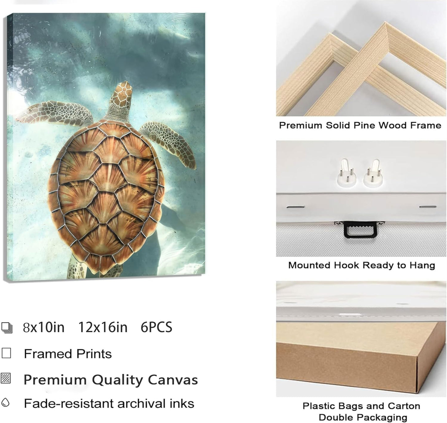 Set of 6 Tropical Beach Canvas Wall Art Surf Poster Summer Ocean Coastal Pictures Turtle Print Palm Tree Surfboard Gallery Paintings Nautical Bus Wall Decor for Bedroom Bathroom Framed