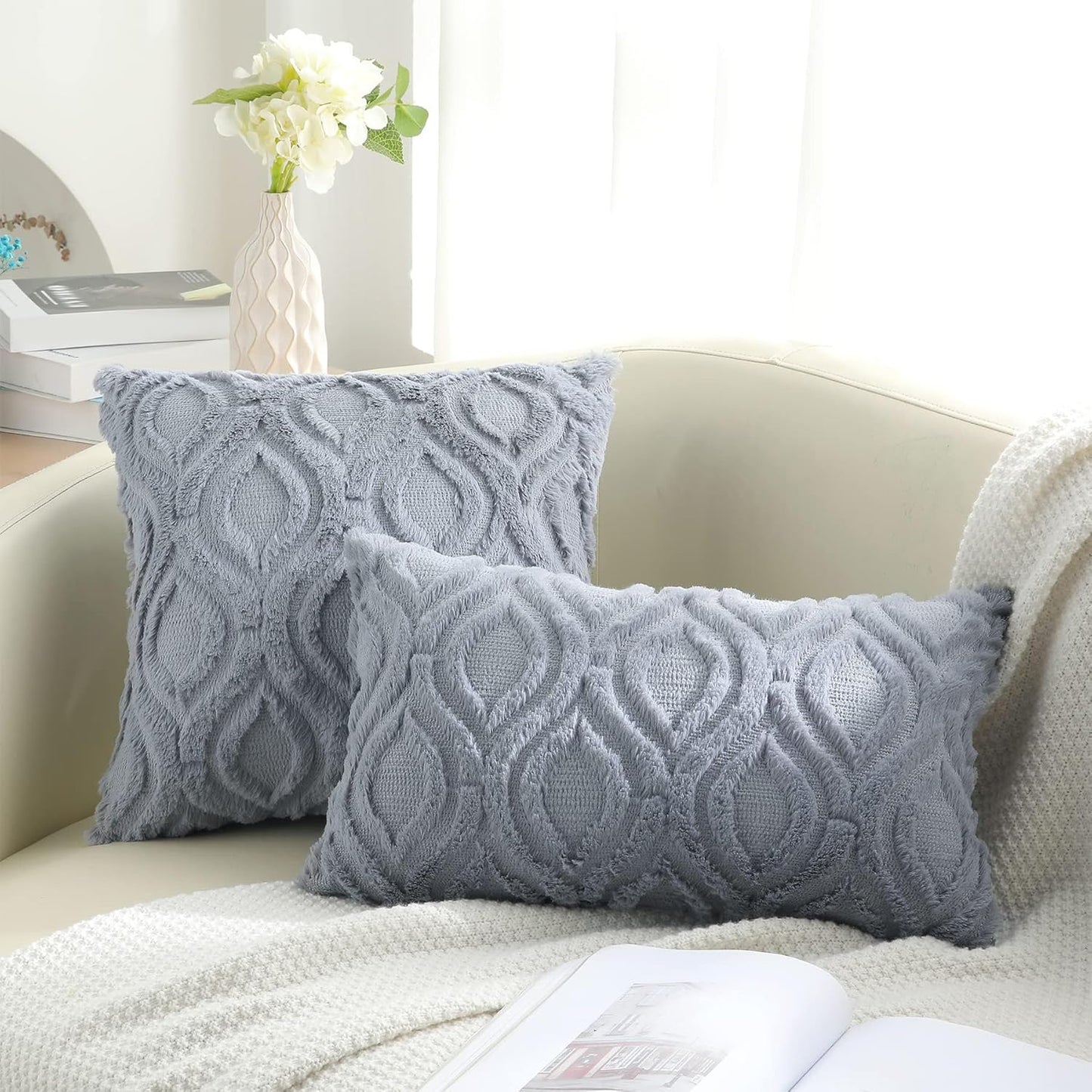 decorUhome Fall Throw Pillow Covers 12x20 Inch Set of 2, Soft Plush Decorative Faux Fur Blue Grey Solid Couch Pillow Covers, Accent Farmhouse Neutral Lumbar Euro Pillow Cases for Sofa Bed Living Room