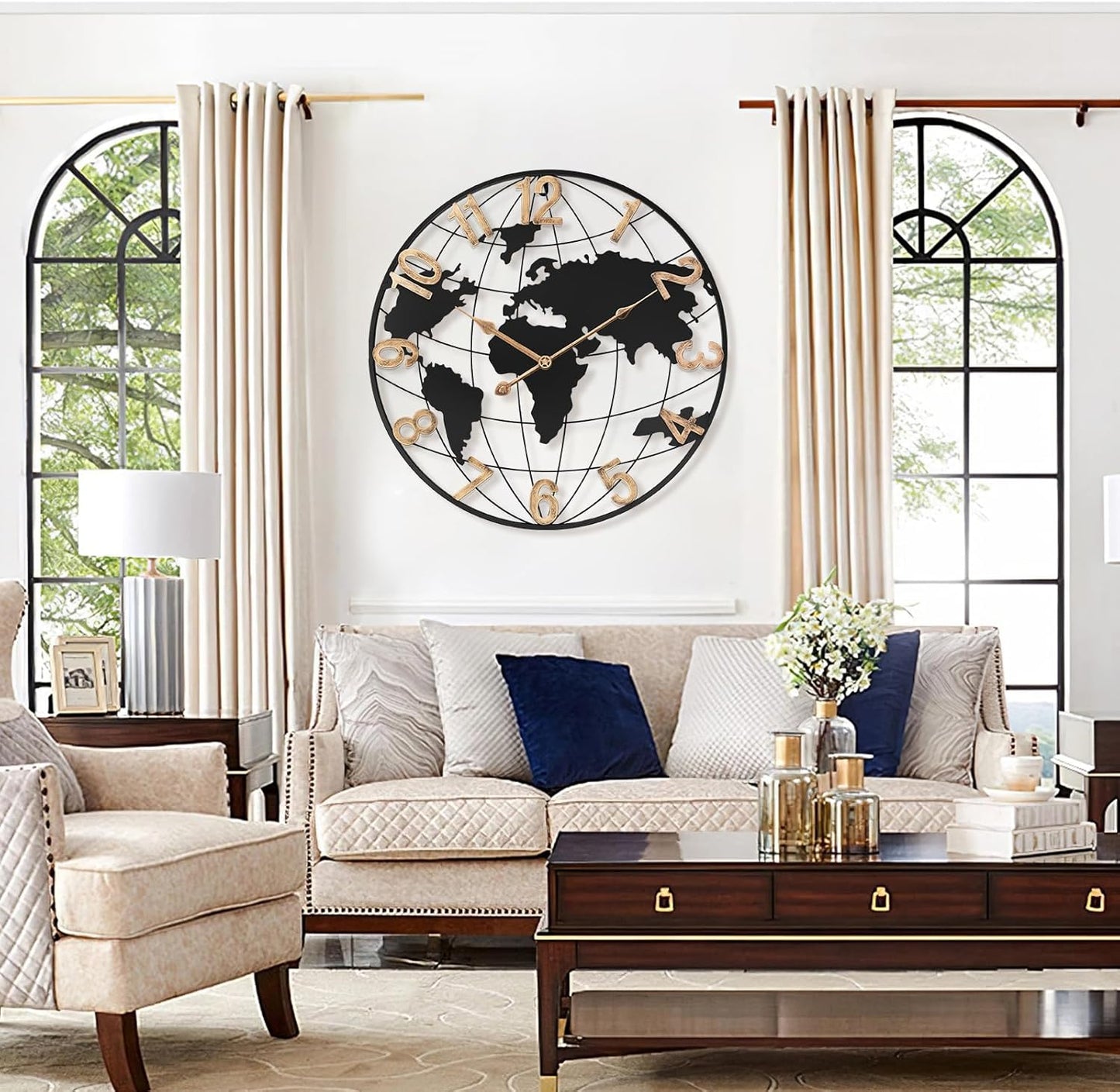 20 Inch Large Wall Clock for Living Room Decor,Big Modern Decorative Silent Metal World Map Wall Clock with Vintage Gold Arabic Numeral for Office,Living Room,Kitchen,Dining Room