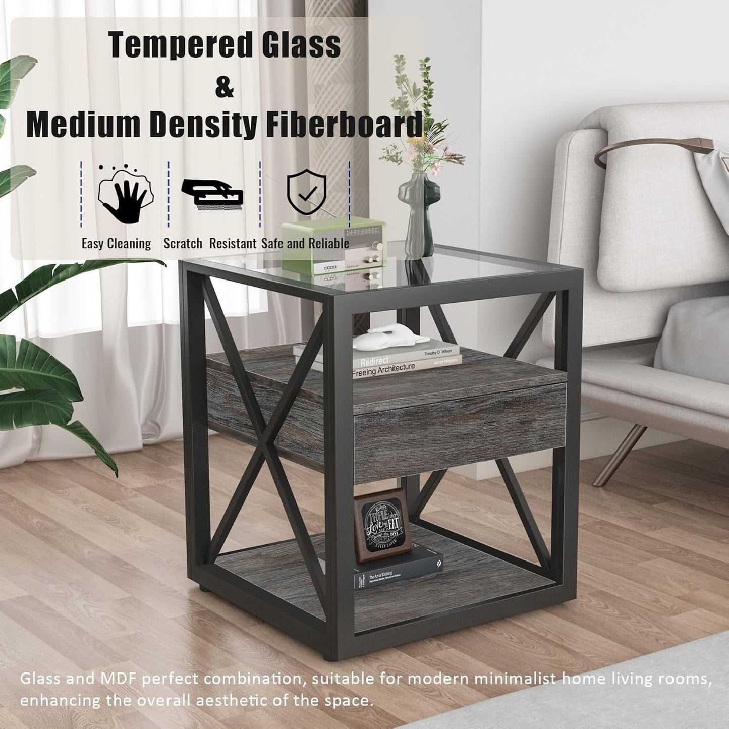 Farmhouse End Table, Modern Side Table with Drawer&3-Tier Storage Shelf, Square Rustic Nightstand, Accent Tea Table, for Bedroom Office Living Room, Grey, Natural Wood, Glass, Metal