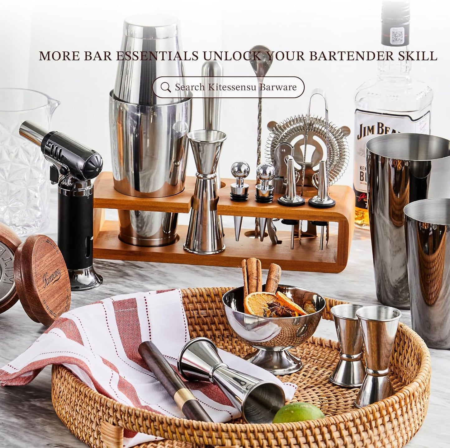 KITESSENSU Cocktail Shaker Set Bartender Kit with Stand | Bar Set Drink Mixer Set with All Essential Accessory Tools: Martini Shaker, Jigger, Strainer, Mixer Spoon, Muddler, Liquor Pourers |Silver