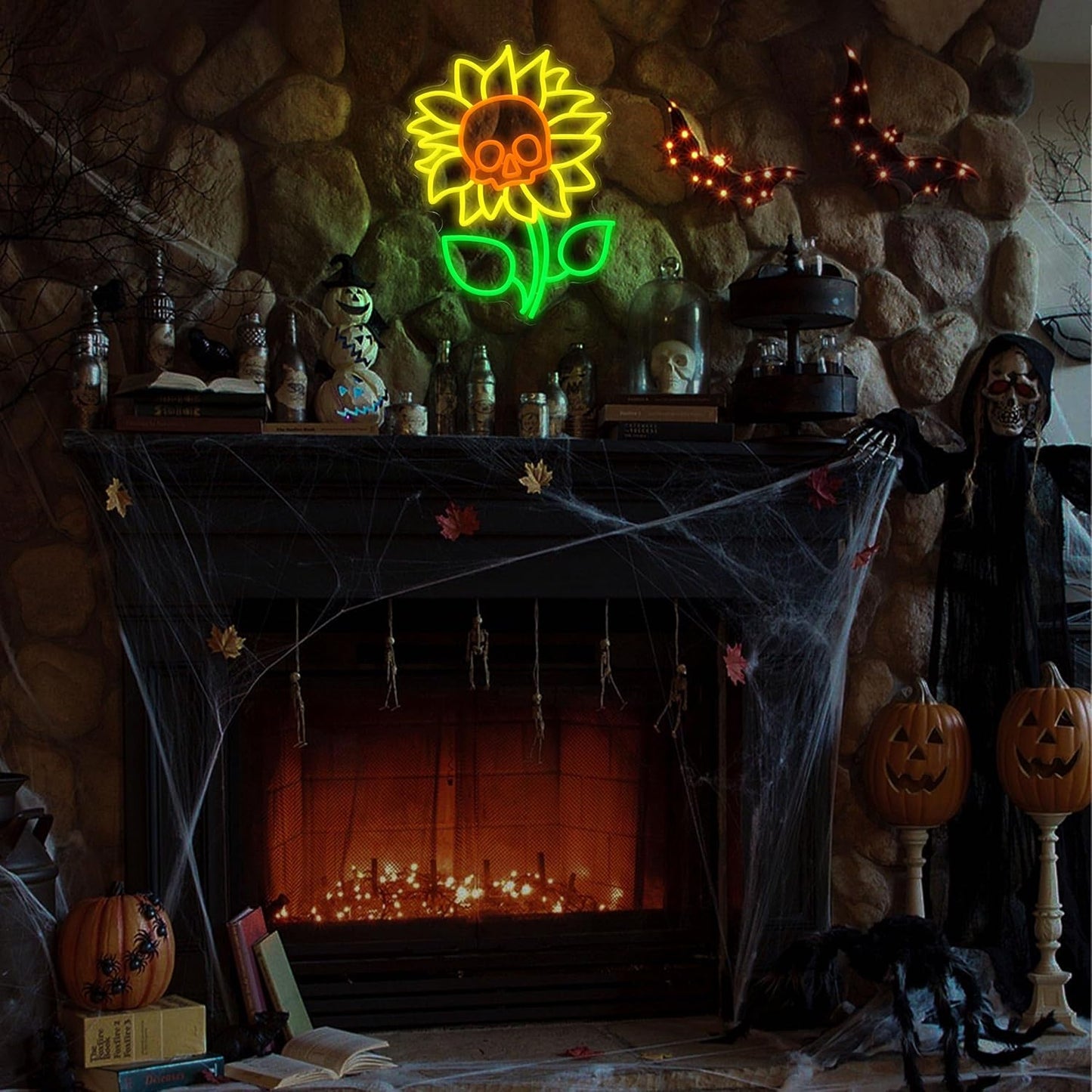 Sunflower Skull Neon Sign Wall Decor USB Powered Skeleton Head Halloween Neon Light Sign Dimmable Funny Halloween Day LED Sign for Trick or Treat Party Backdrop Bedroom Bar Man Cave